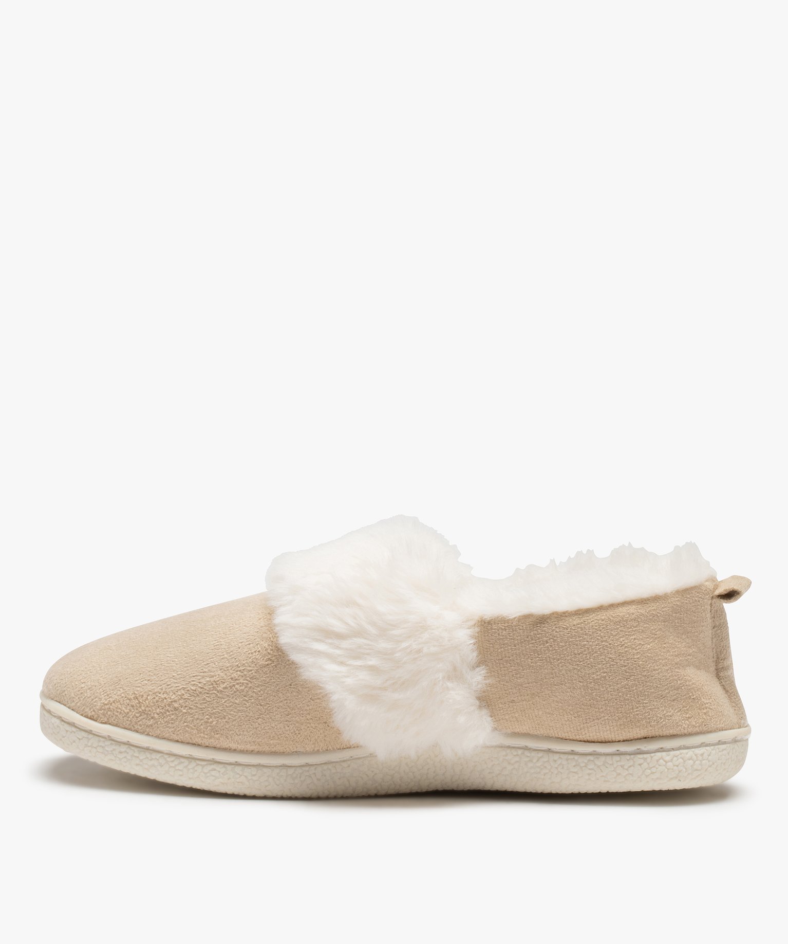Chaussons femme fourrés dessus en suédine unie beige | GEMO