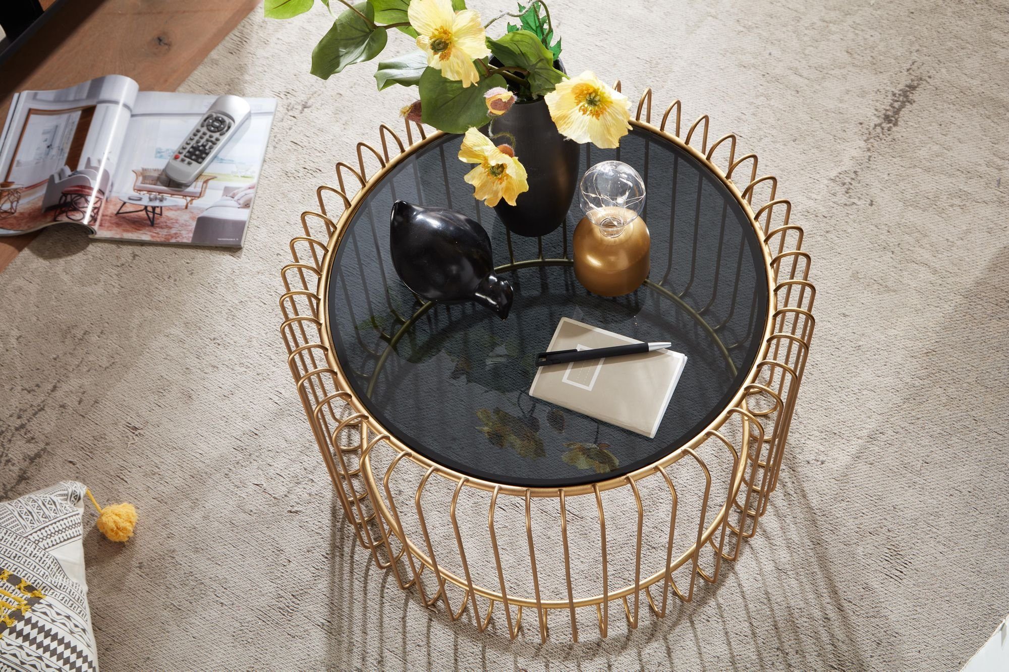 FINEBUY Couchtisch FB41451 (60x60x40 cm Gold, Sofatisch Metall Glas Rund), Wohnzimmertisch Korbtisch, Tisch Wohnzimmer