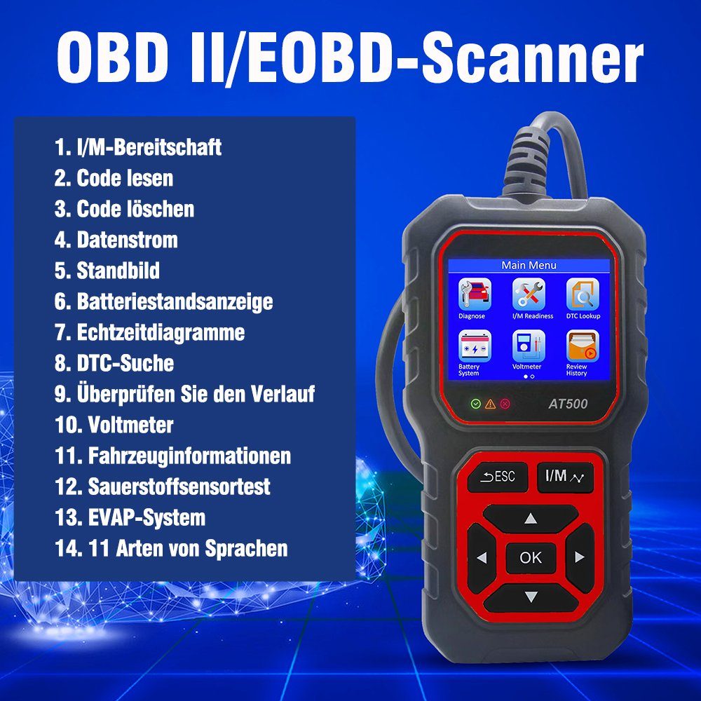iscooter OBD2-Diagnosegerät AT500 Auto OBD2 Scanner Diagnose-Motorfehlercode-Leser, Fehlerdiagnose bei PKW und LKW; Eigendiagnose-Gerät