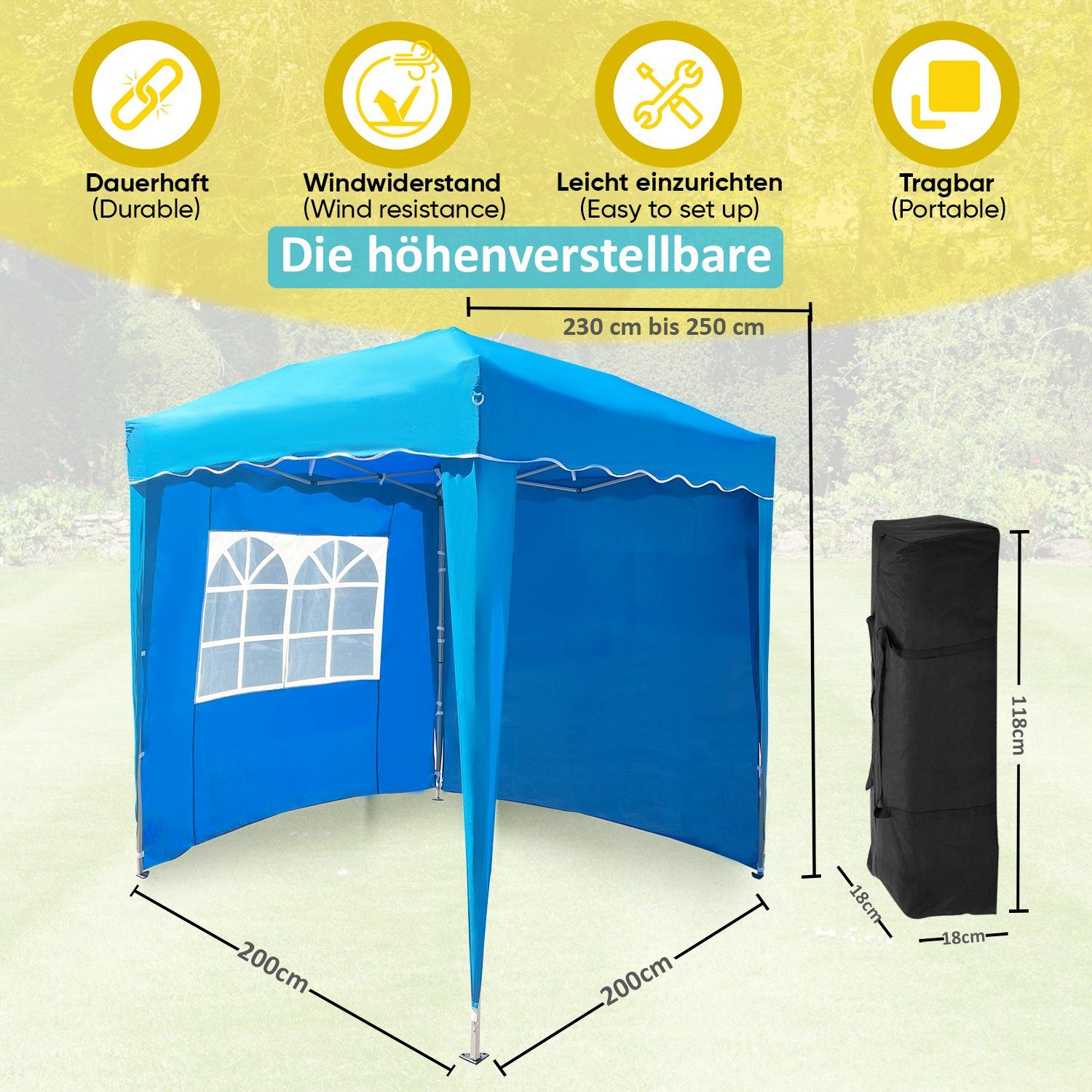 Defactoshop Faltpavillon Faltpavillon Klappzelt 2x2m Zelt + 4 Seiten Wasserdicht, mit 4 Seitenteilen, 200x200 cm