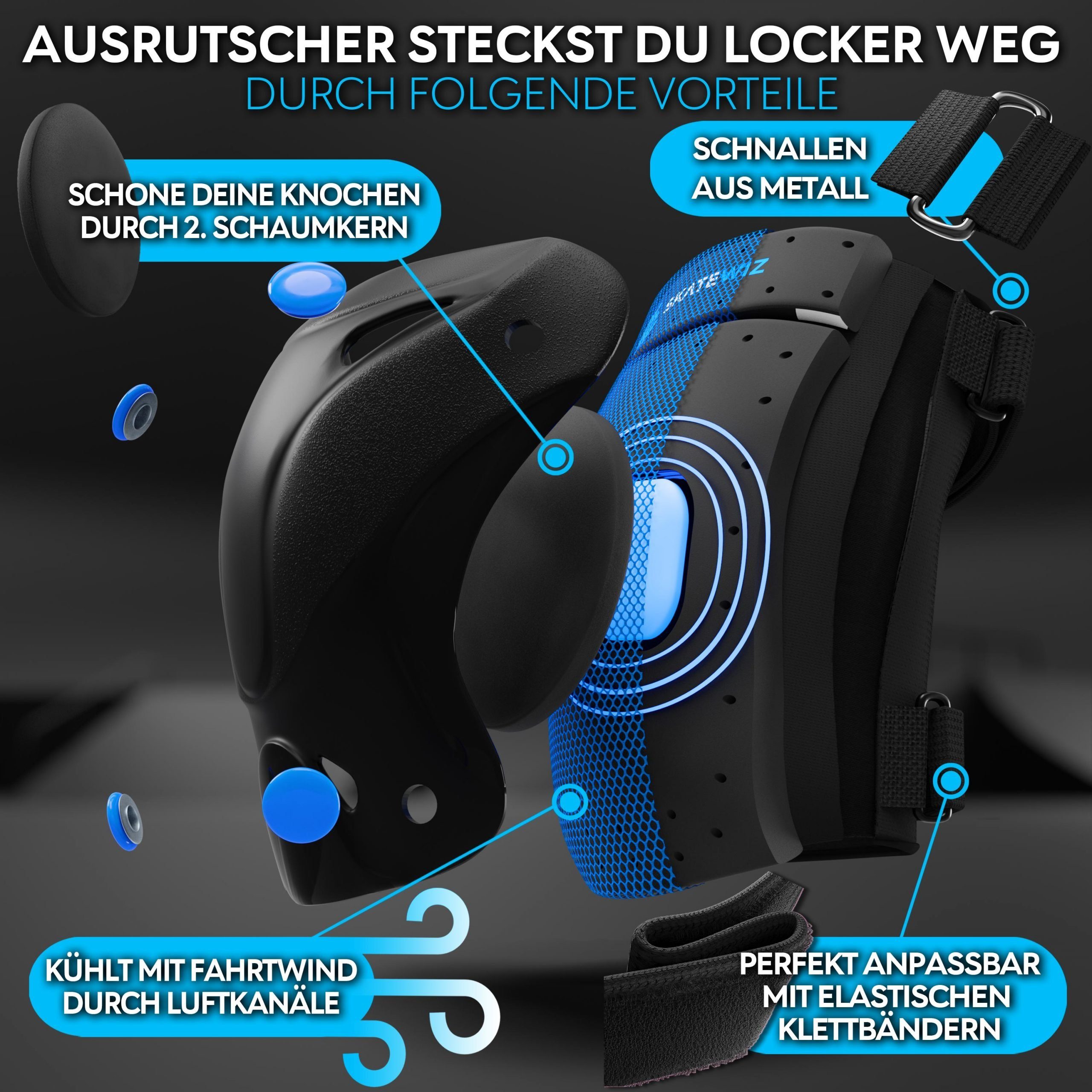 SKATEWIZ Protektoren-Set Schützer Skateboard ab 8 Jahre Protektoren Kinder und Erwachsene (Inline Skate Schonerset, 6-tlg., Knieschoner Geschenke für Kinder - Inliner Schoner), Inline Skate, Skateboard & Schlittschuhe Schoner