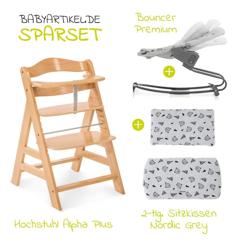 Hauck Hochstuhl Hauck Alpha Plus Natur Newborn Set (Set, 4 St), Baby Holz Hochstuhl ab Geburt mit Liegefunktion - inkl. Aufsatz für Neugeborene (Wippe) Premium & Baumwoll Sitzauflage - mitwachsend, höhenverstellbar