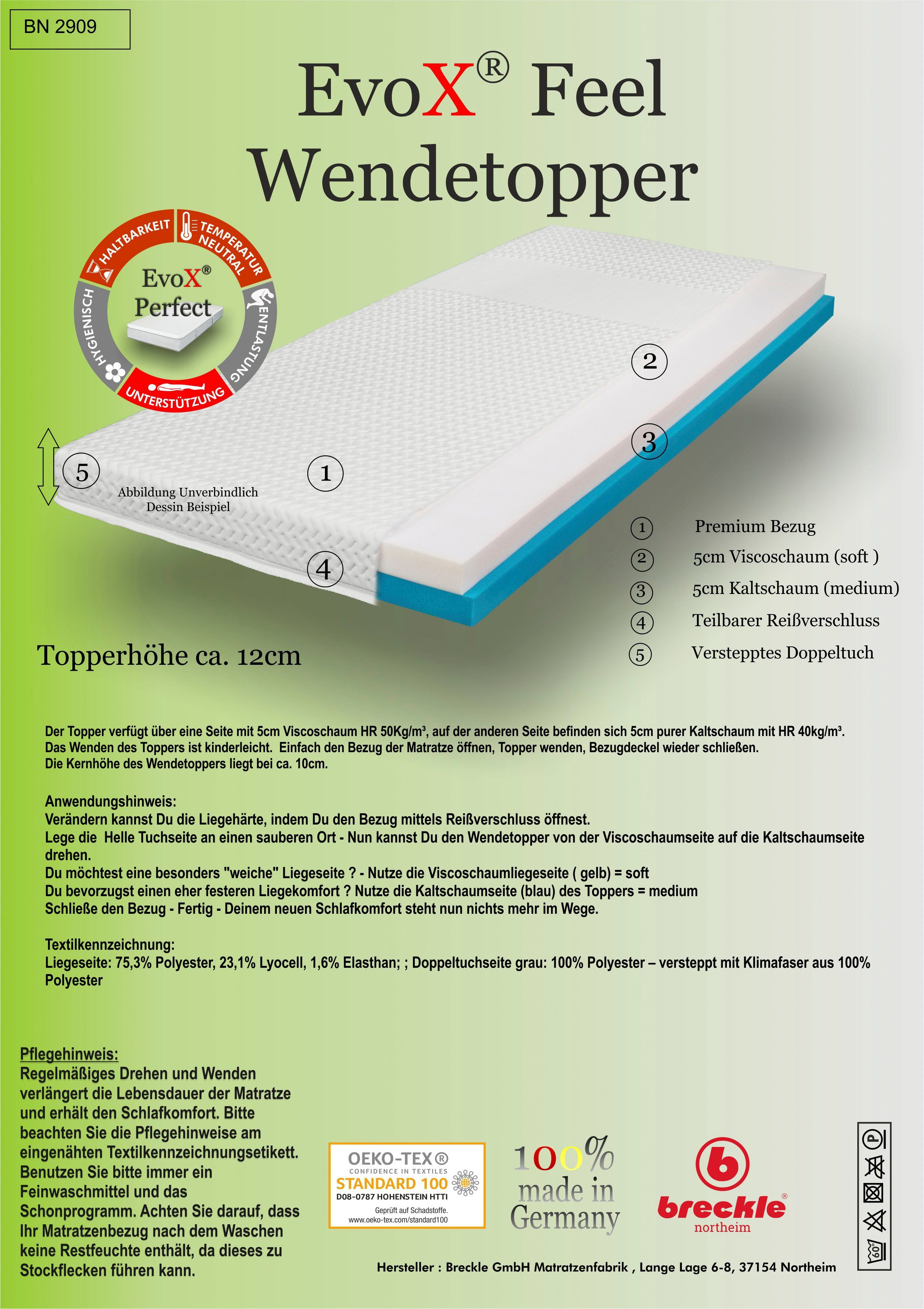 Topper EvoX Feel Wendetopper, Breckle Northeim, 12 cm hoch, Kaltschaum, Viscoschaum, Wendetopper mit zwei unterschiedlich festen Liegeseiten