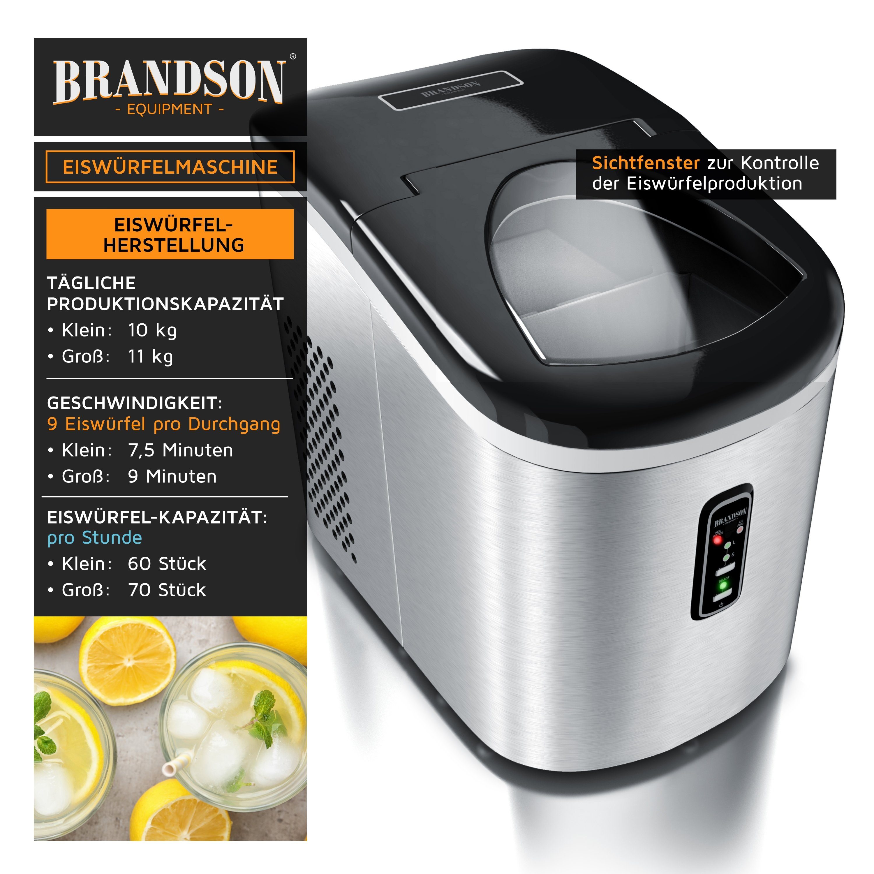 Brandson Eiswürfelmaschine, 100 W, 2,2 Liter Eiswürfelbereiter, 9 Eiswürfel in 9 Minuten