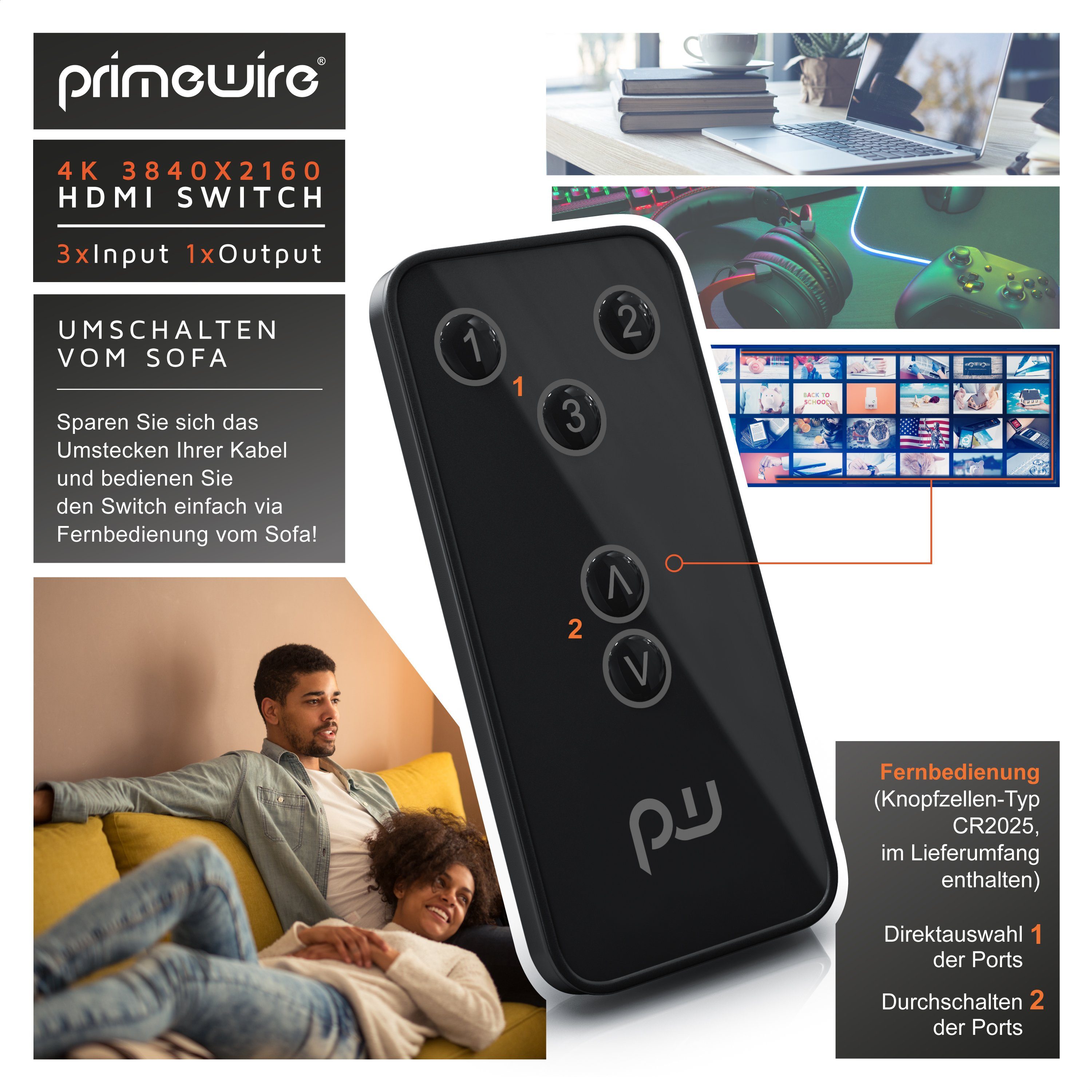Primewire Audio / Video Matrix-Switch, 3-Port UHD HDMI Switch / Verteiler mit Fernbedienung, 4K, 3D, CEC, ARC