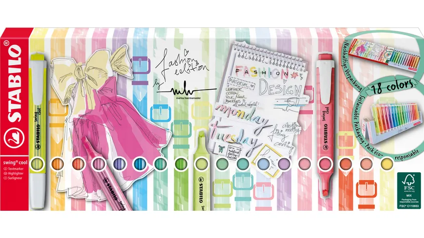 STABILO® Textmarker - STABILO swing cool - 18er Tischset - mit 18 verschiedenen Farben, 8 Leuchtfarben und 10 Pastellfarben sortiert