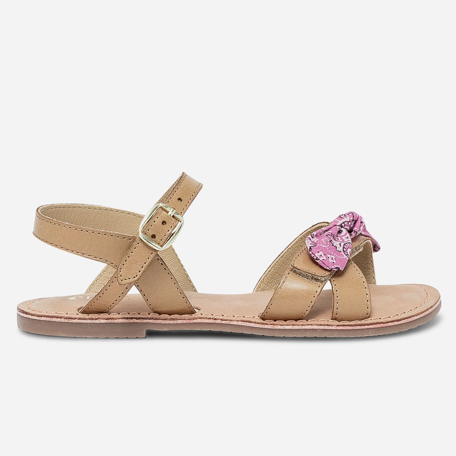 Sandale camel en cuir avec nœuds bandana amovibles