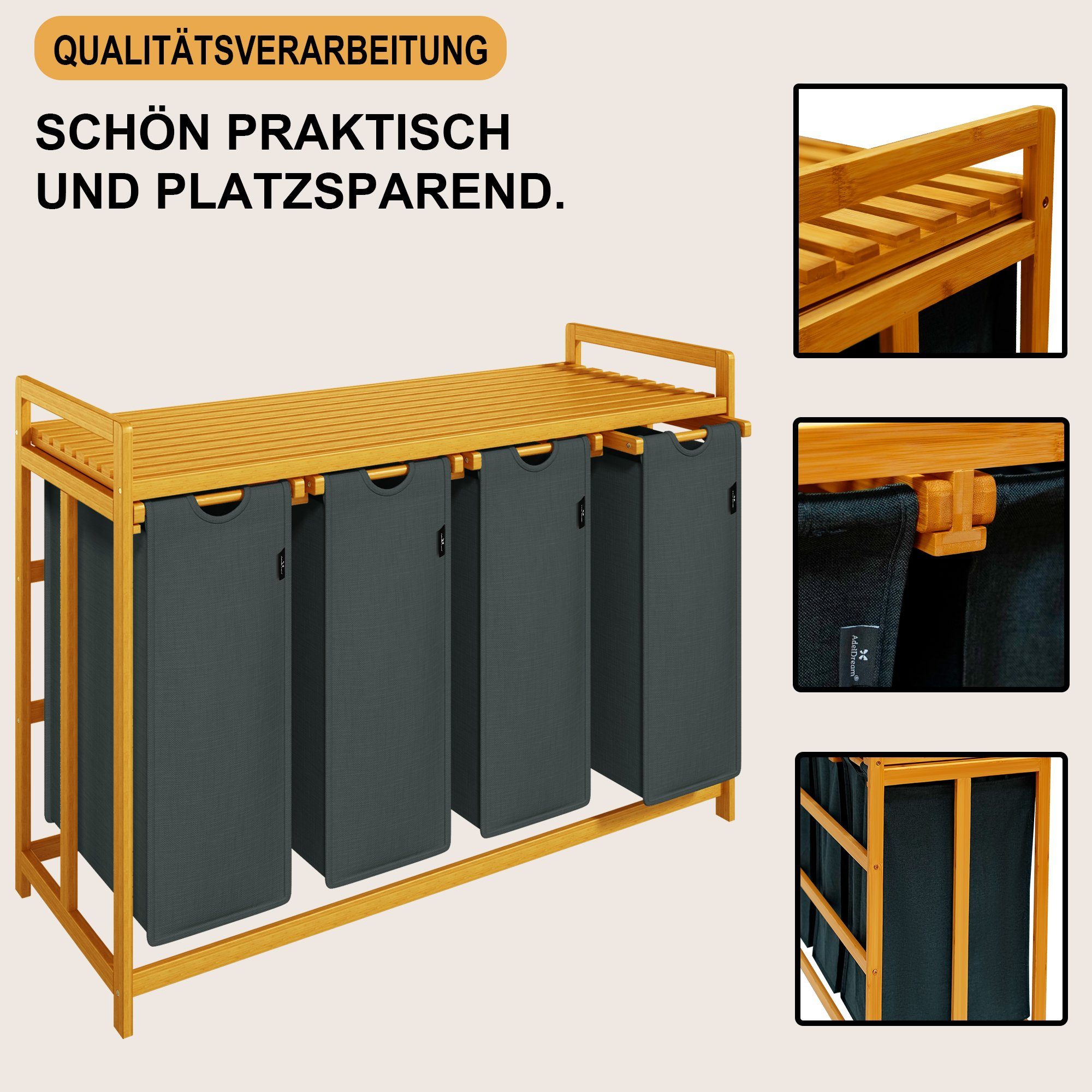 AdelDream Wäschekorb mit Bambusrahmen,200 l, 4 Fächer,Wäschesortierer