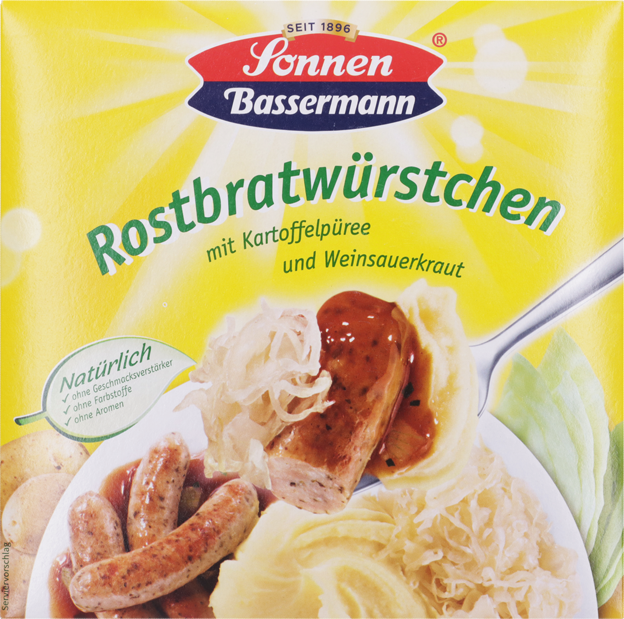 Sonnen Bassermann Rostbratwürstchen mit Kartoffelpüree und Weinsauerkr