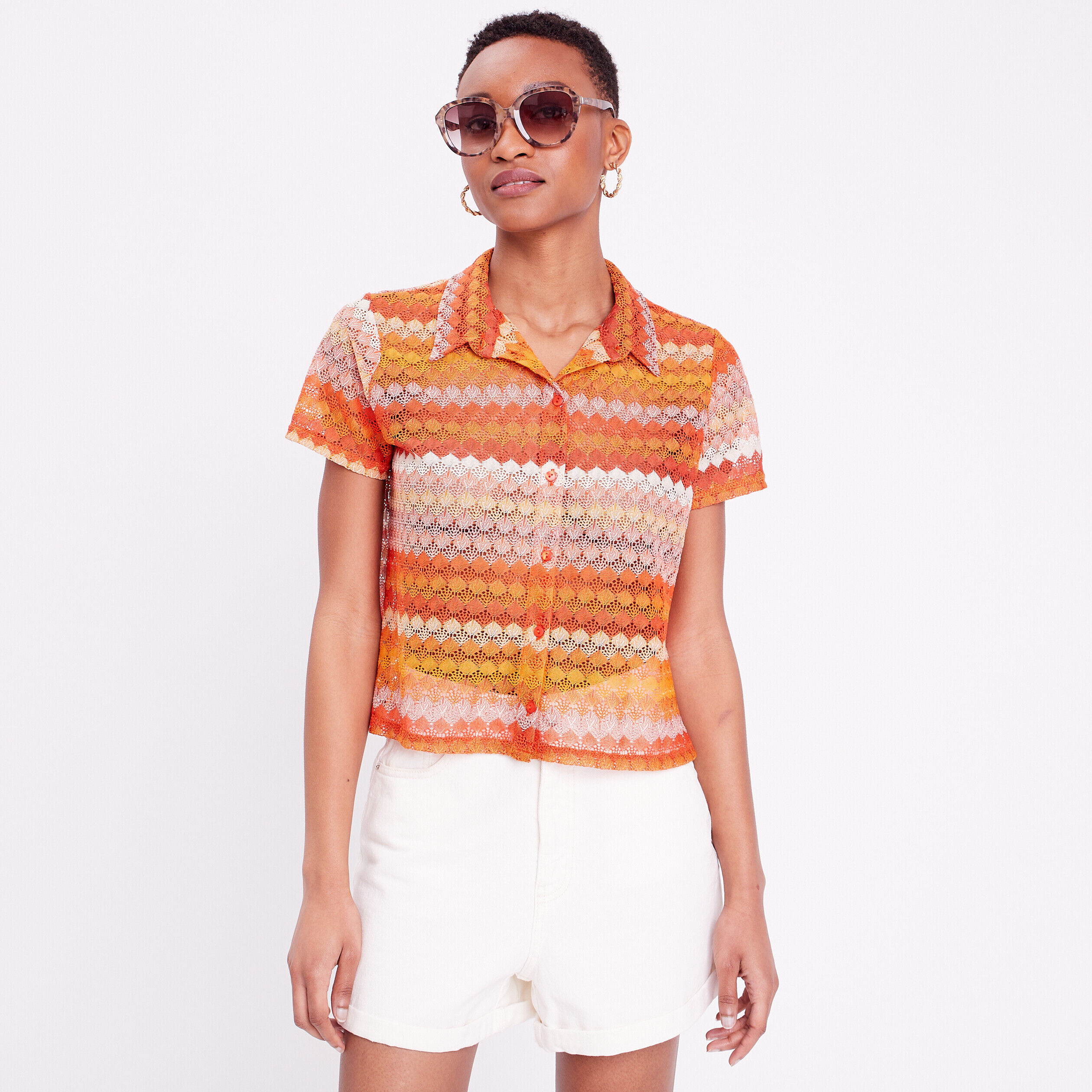 Blouse manches courtes crochet orange femme | Cache Cache