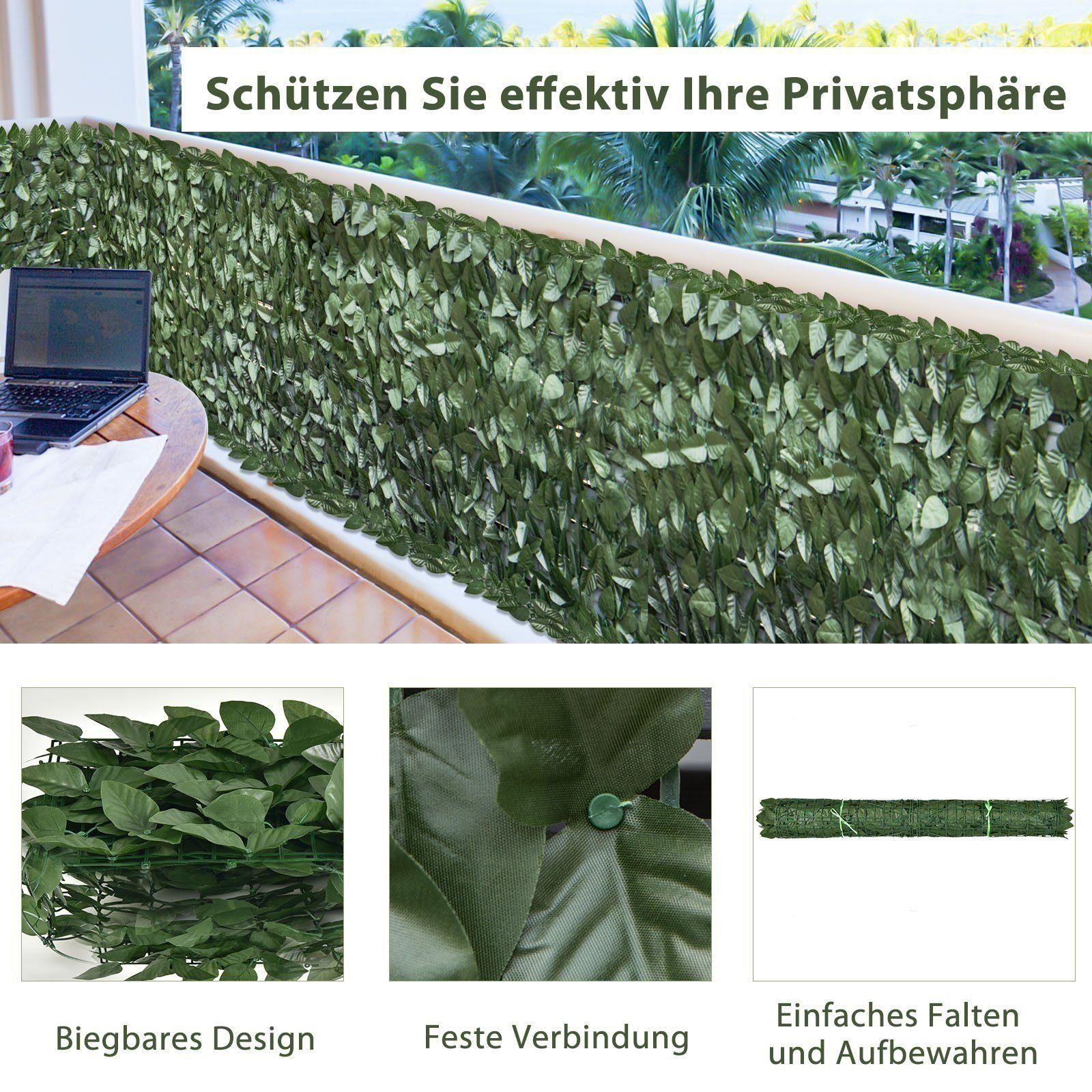 BlingBin Balkonsichtschutz Sichtschutzhecke Windschutz Efeu Sichtschutz Blätterzaun 1x3M LxH: 300x100 cm, für Balkon und Terrasse