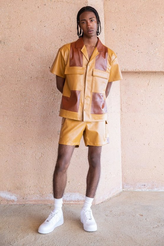 Toosii Kurzärmliges kastiges PU-Hemd und Shorts
