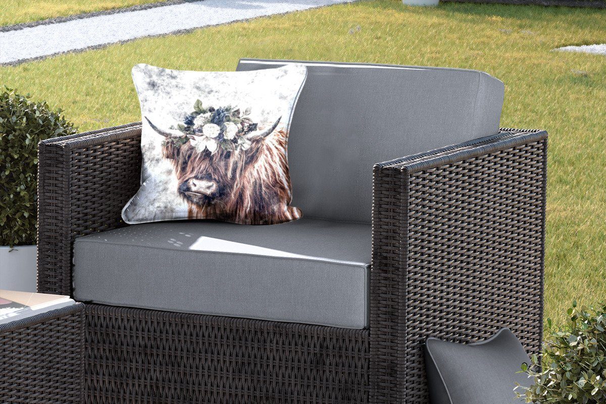 MuchoWow Dekokissen Schottischer Highlander - Schottische Kuh - Blumen, Kissenbezüge, Kissenhülle, Dekokissen, Dekokissenbezug, Outdoor