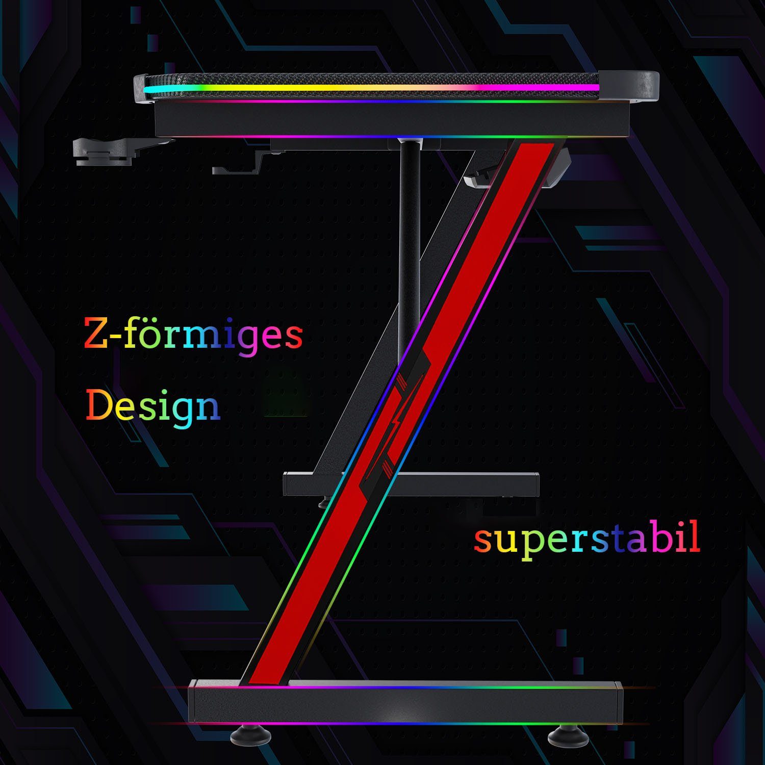 GUNJI Gamingtisch LED-Computertisch 120/140/160cm, mit Becherhalter und Kopfhörerhaken