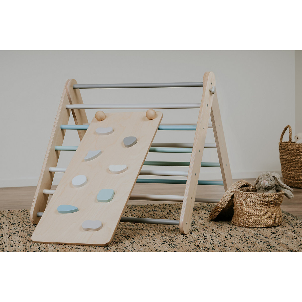 Klettergerüst Sprossenwand mit Rampe und Rutsche Indoor, Kletterdreieck Sprossenwand aus Holz, Klettern Innnen Kleinkind