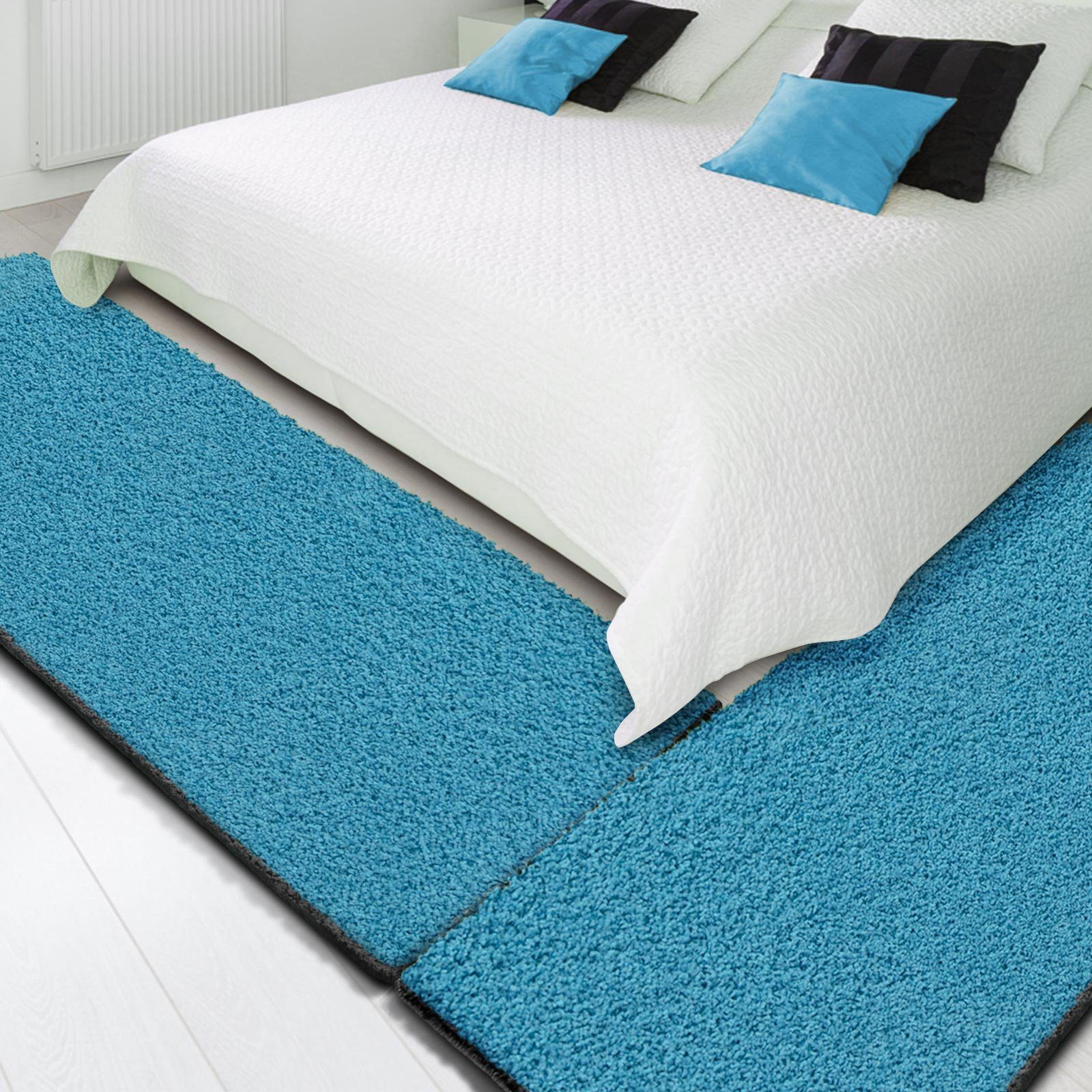Hochflor-Bettumrandung Barcelona Hellblau, 3 Größen, Teppichläufer, ideal im Schlafzimmer Floordirekt, Höhe 22 mm, (3-tlg), Shaggy