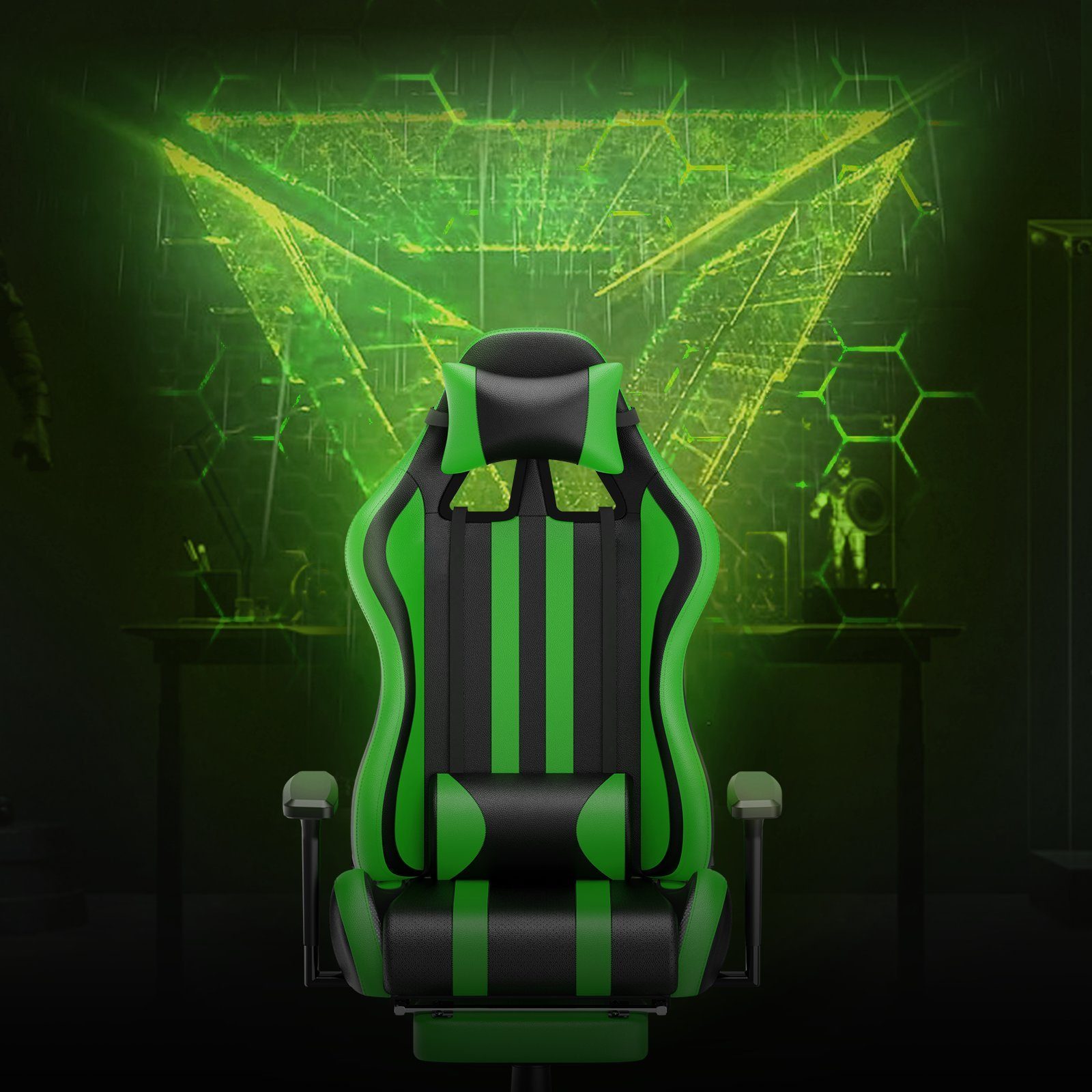 AUFUN Gaming-Stuhl Authmic Biirostuhl Ergonomischer Schreibtischstuhl, Max. 150 kg (Massage Gaming Sessel für Livestreaming Xbox (Grau/Blau/Grün/Rot/Schwarz), mit Vibration Massage Lendenkissen, Fußstütze, Kopfstütze, Ergonomisch
