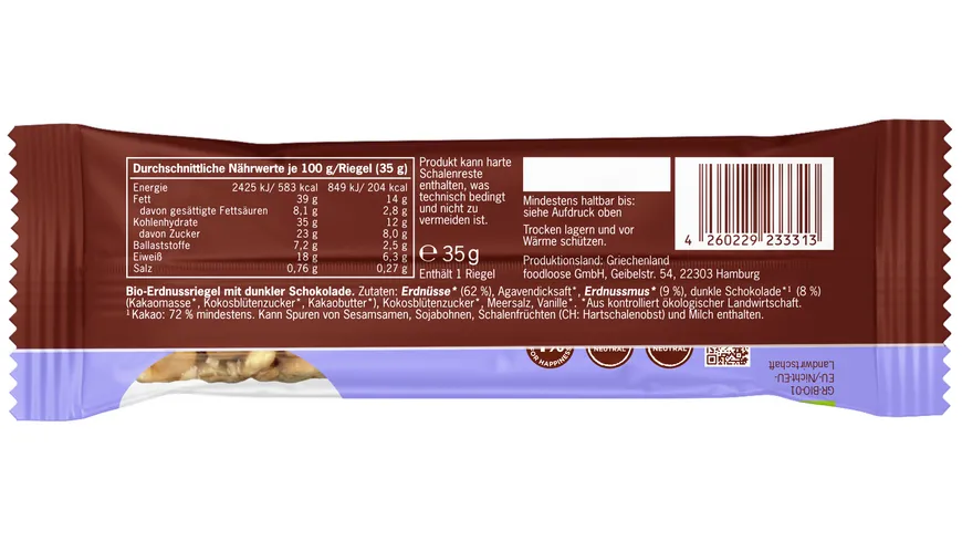 FOODLOOSE Bio-Nut&Choc Peanut Crush Riegel 35 g