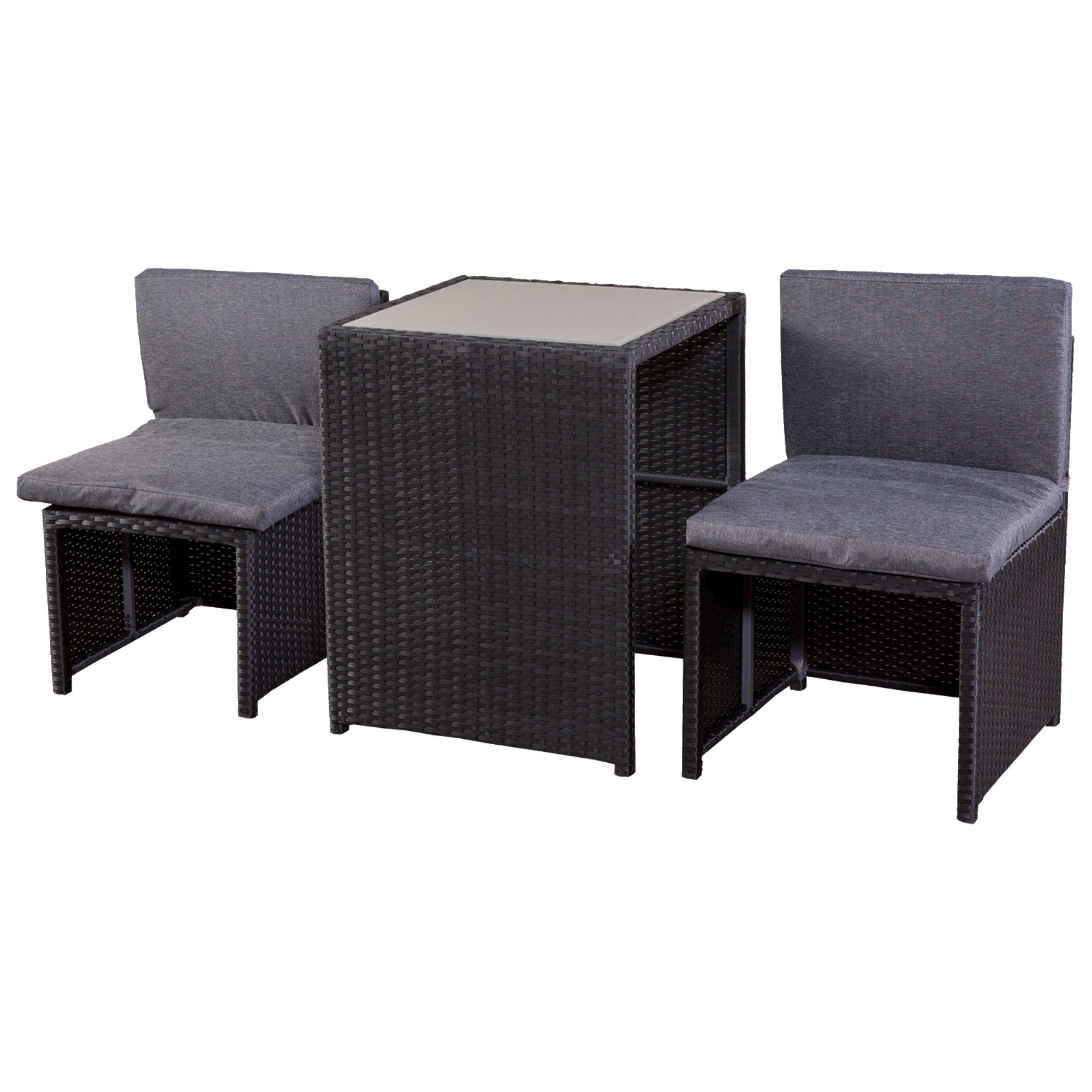 Raburg Balkonset HANNAH in SCHIEFER-SCHWARZ - abnehmbare, gehärtete Glasplatte, (3-teiliges Premium-Set), kompakt & robust aus Stahl & Polyrattan, inkl. Polster, platzsparend