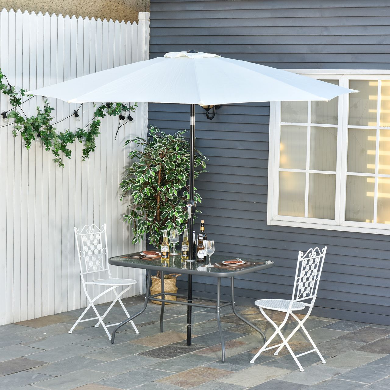 Outsunny Gartentisch Bistrotisch Balkontisch Garten Beistelltisch Bistrotisch Gartenmöbel mit Glasplatte Schirmloch Hartglas   Metall Carbongrau 120 x 80 x 70 cm