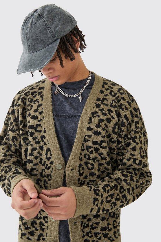 Kastiger Oversize Jacquard-Cardigan mit Leopardenprint