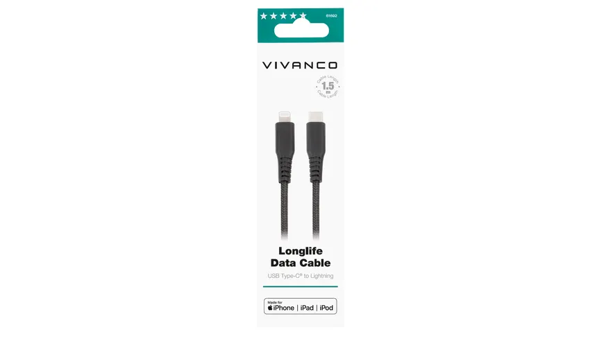 Vivanco LongLife Charging Cable, Lightning auf USB-Type-C™ Daten- u. Ladekabel, 1,5m
