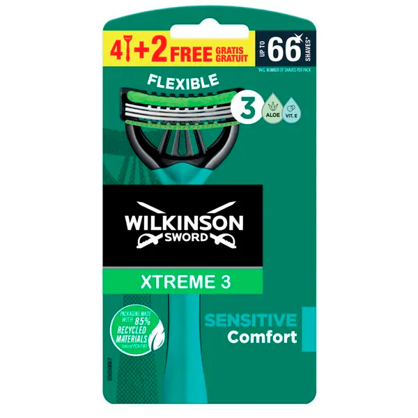 Aparelhos de barbear descartáveis Wilkinson Sword Xtreme 3 Sensitive, pacote com 6 unidades.