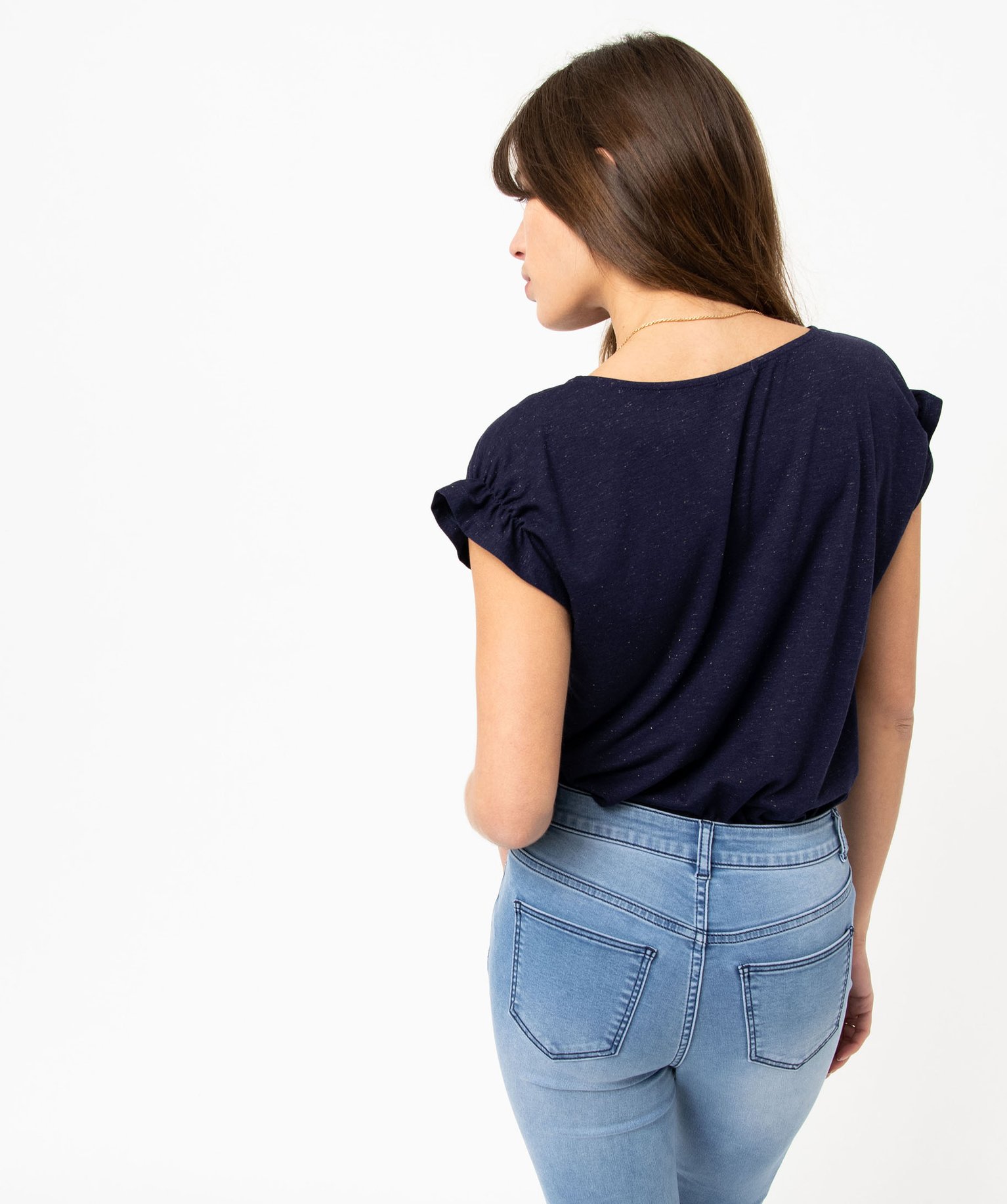 Tee-shirt femme à manches courtes froncées et col V marine | GEMO