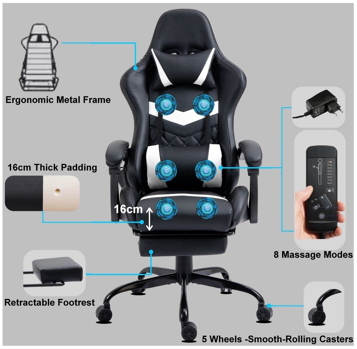 Delman Gaming-Stuhl Bürostuhl Chefsessel Massagefunktion mit 6 Vibrationspunkten, Drehstuhl, dicke Polsterung, Metallfußkreuz, Fußstütze 02-0037