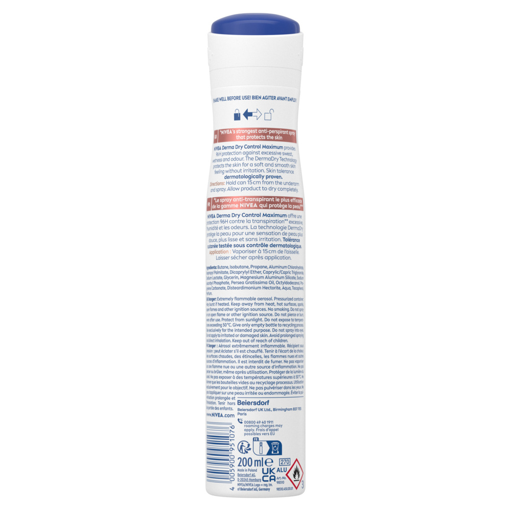 nivea DERMA DRY CONTROL - Déodorant Spray Protection excessive 96h 200ml Déodorant spray DERMA CONTROL 95H Femme