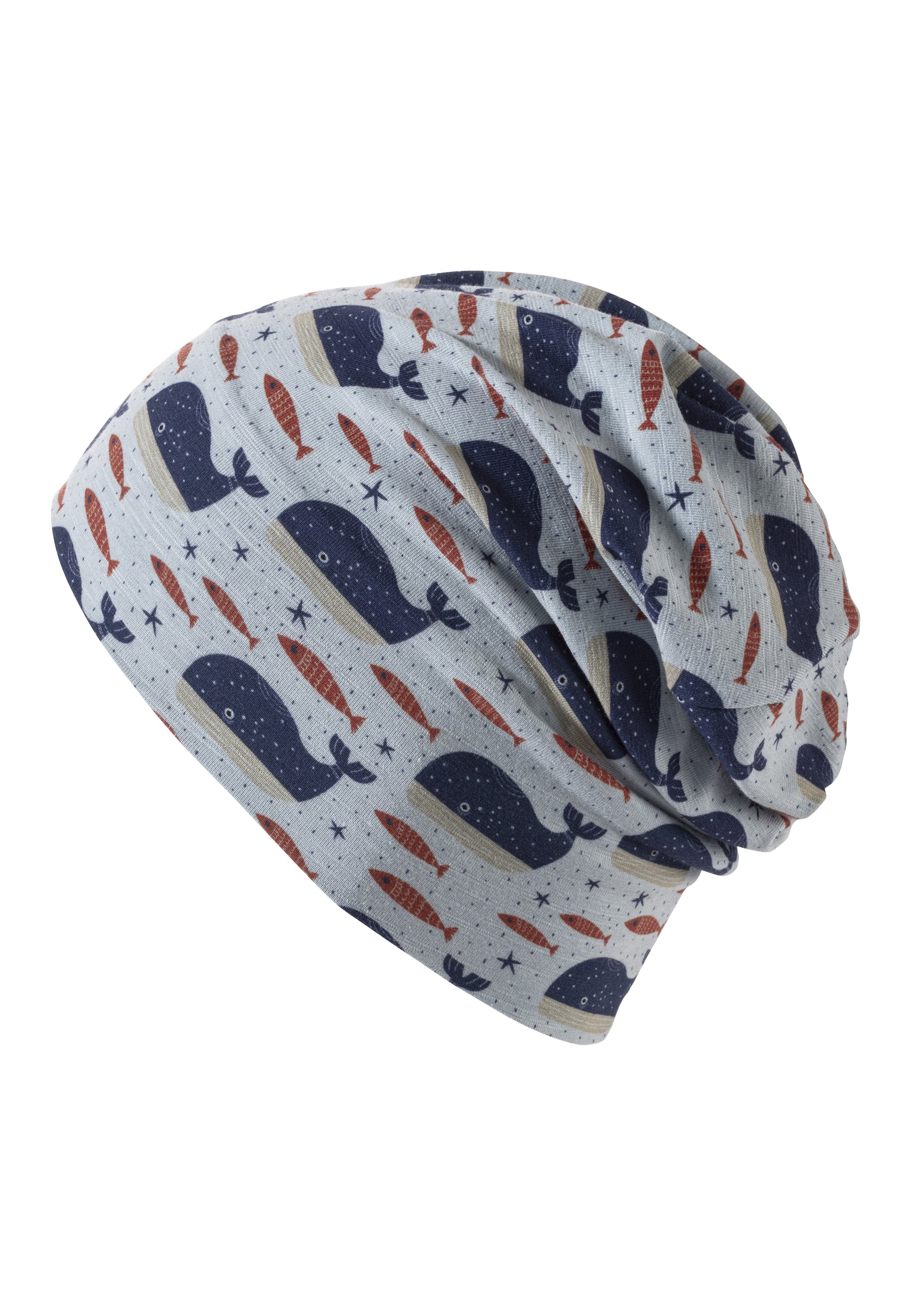 Beanie bedruckt mit Wal-Motiv in graublau