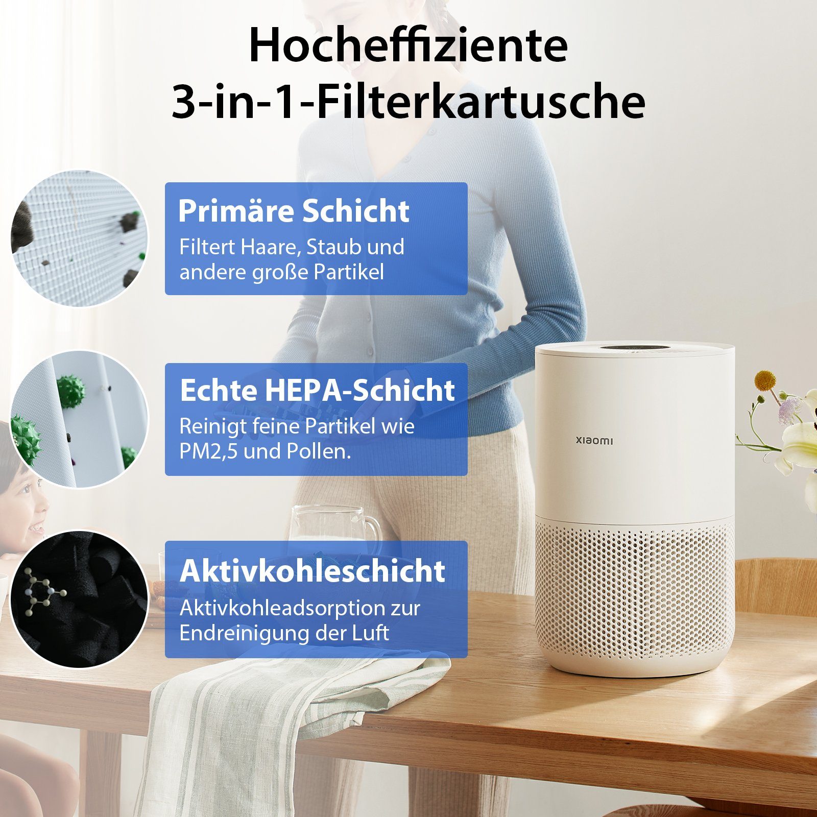 Xiaomi Luftreiniger Smart Air Purifier 4 Compact Luftreiniger, für 27 m² Räume, Removes up to 99.97% Pet Hair, Dust, Viruses & Aerosols