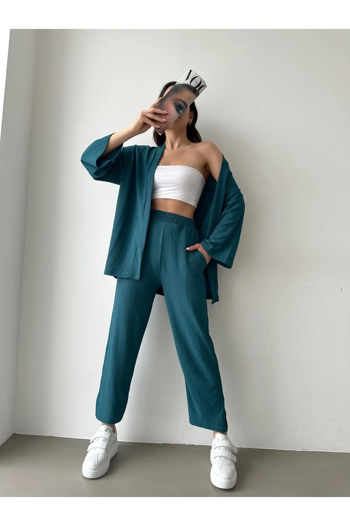 BEJNA  Petrolgrünes Kimono-Hosen-Strickset für Damen