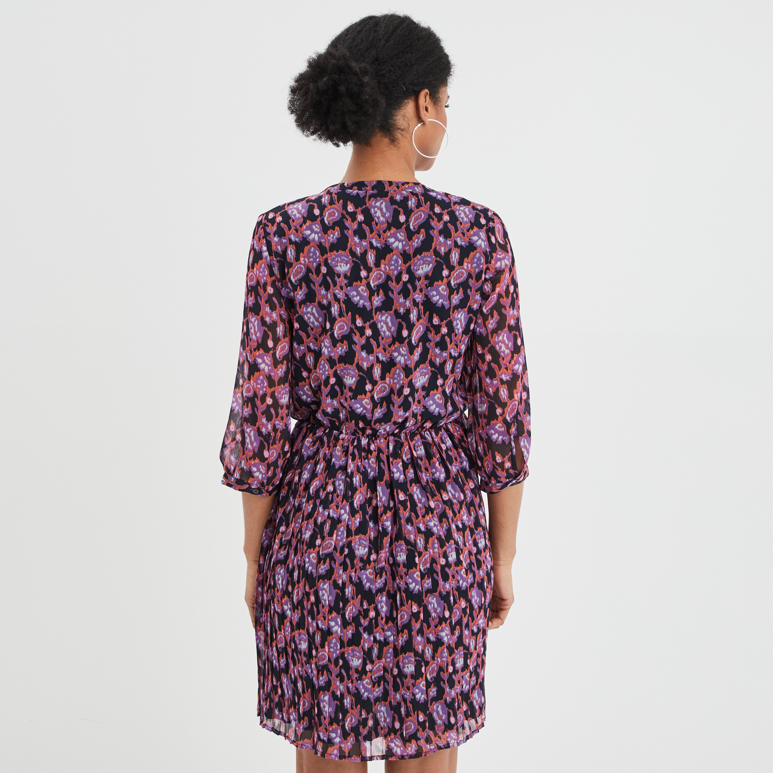 Robe évasée bas plissé manches 3 4 bleu marine femme | La Halle