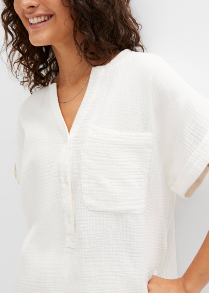 Musselin-Bluse mit Knopfleiste und Tasche