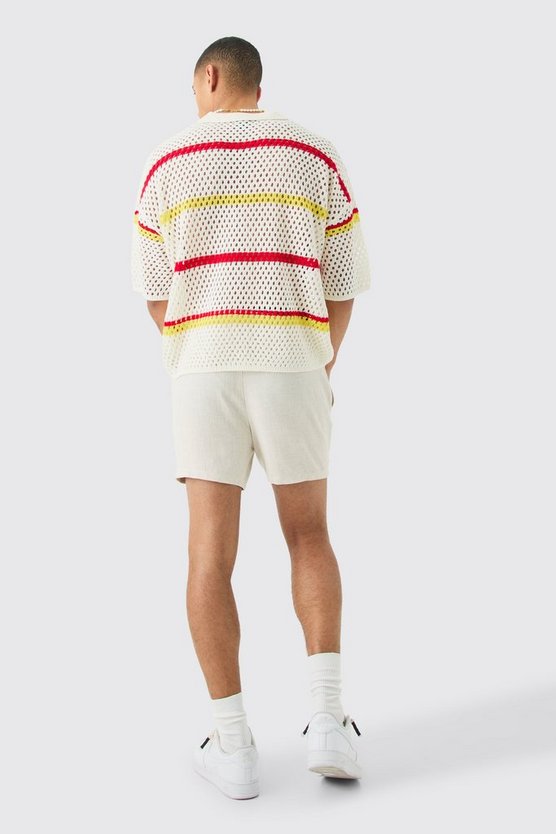 Kastiges gestreiftes Oversize Häkel-Poloshirt