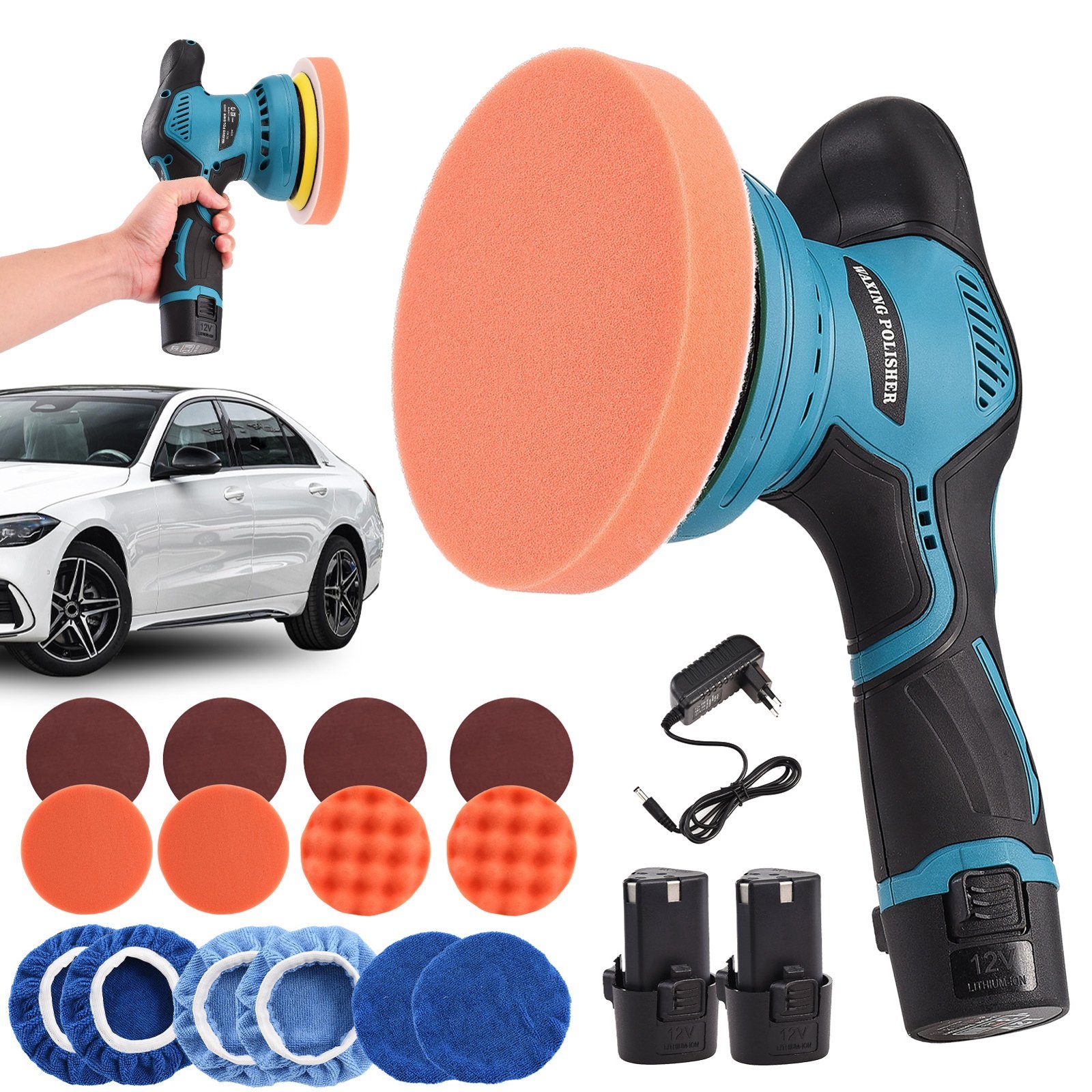 SEEZSSA Poliermaschine 12V Schnurloser, Handschleifer mit einstellbarer Geschwindigkeit, Autopoliermaschine zum Schleifen und Polieren von Autos