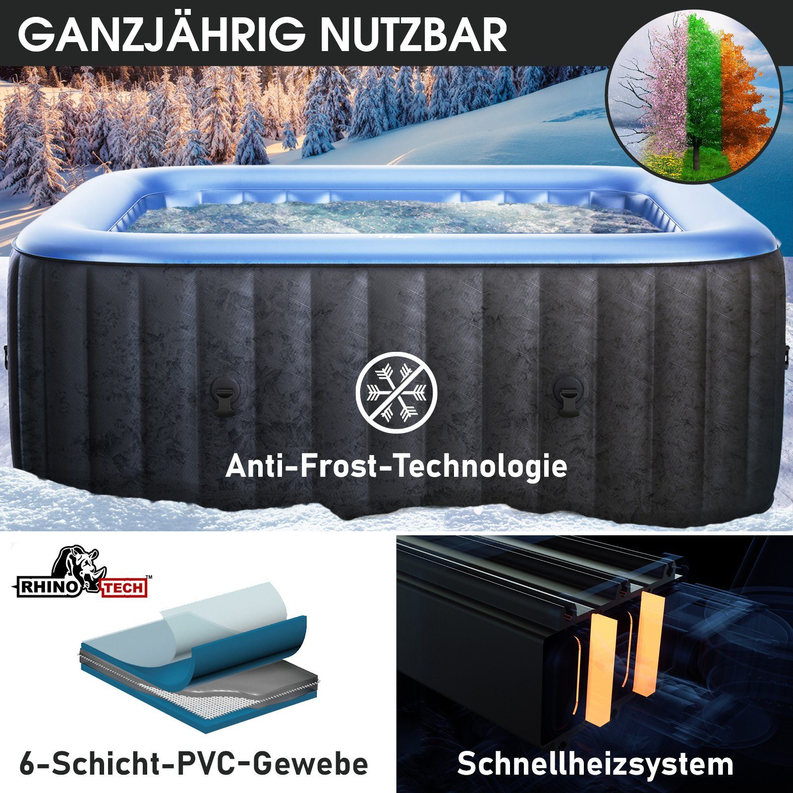 BRAST Whirlpool BRAST aufblasbar Tekapo für 6 Personen 185x185cm, (In-Outdoor Pool 132 Massagedüsen Timer Heizung), Aufblasfunktion per Knopfdruck Bubble Spa Wellness Massage