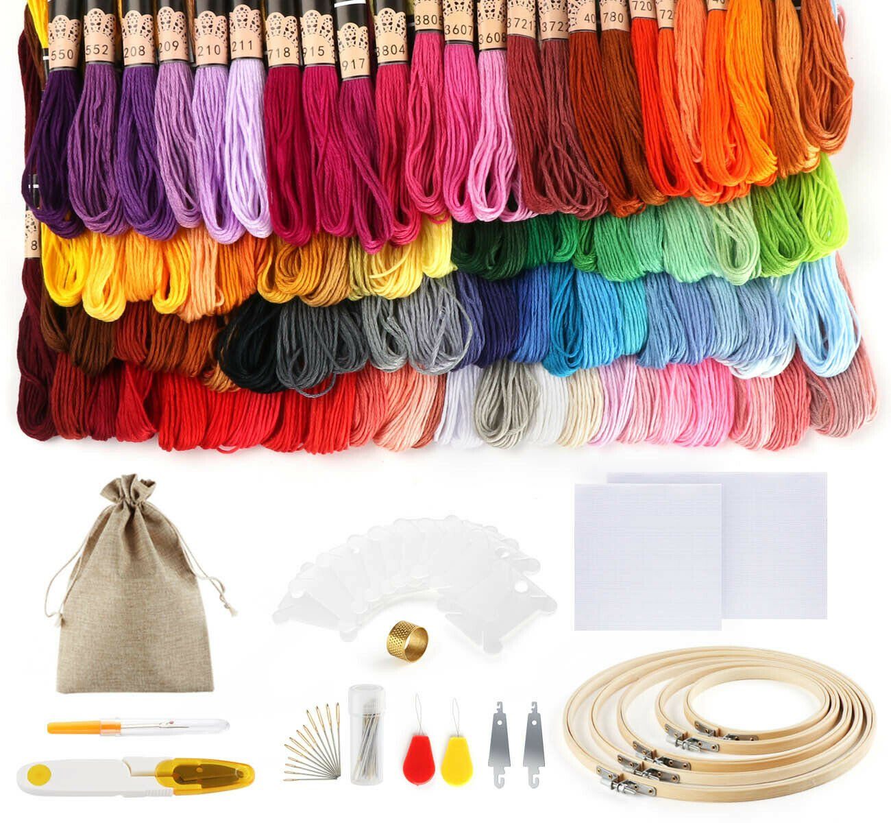Homewit Stickerei Starter Nähnadeln Set Kreuzstich Tool Basteln Crafts Floss Bastelgarn, (100-St), 100 Farbfäden, 2 Tuch, 5 Bambus Stickrahmen