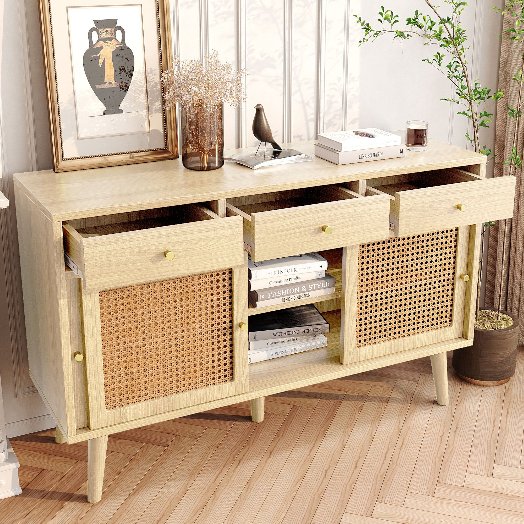 REDOM Sideboard Kommode (verstellbare Ablagen), mit 3 Schubladen und 3 Schiebetüren, 120x 40x78cm