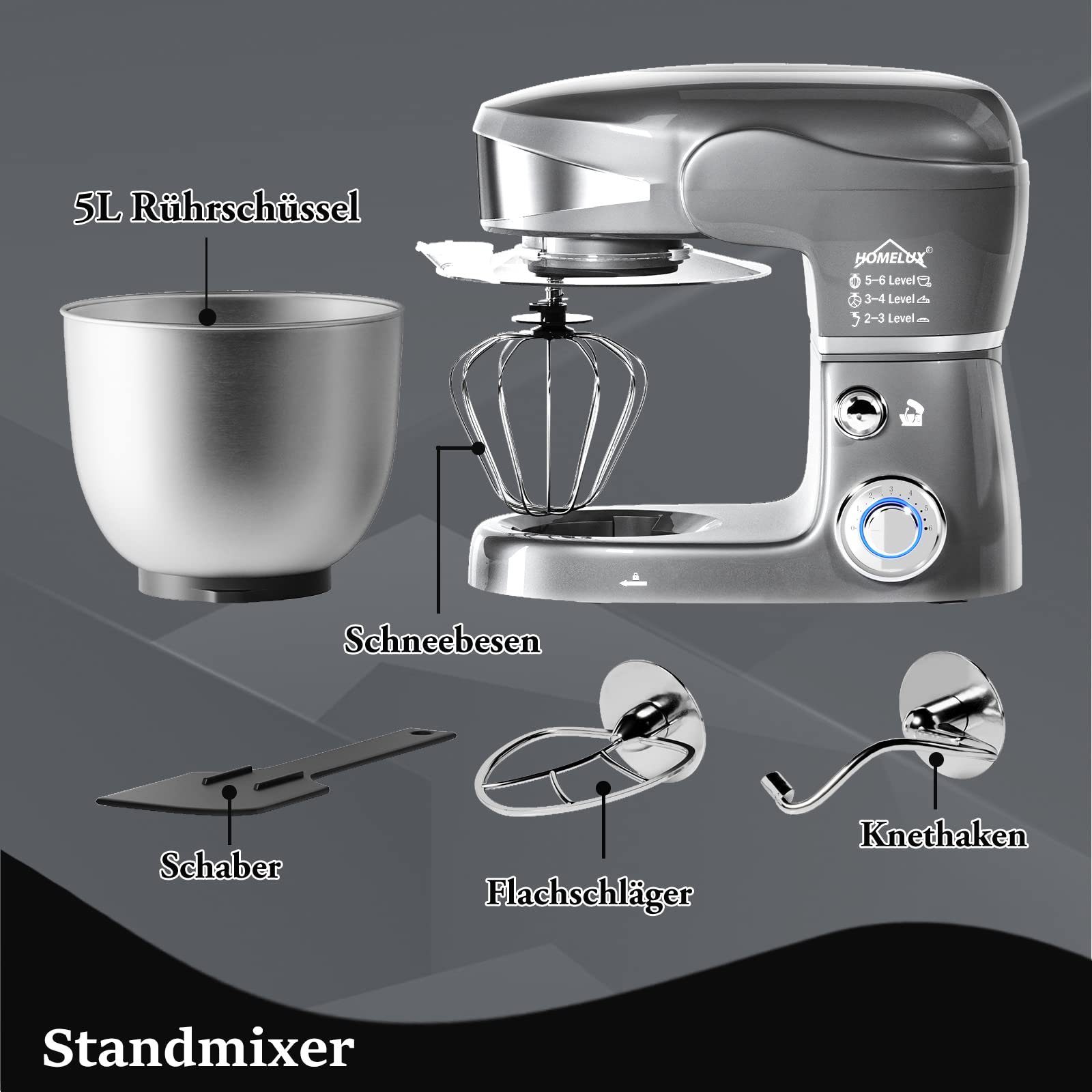 HOMELUX Küchenmaschine Multifunktional Knetmaschine mit 6 Geschwindigkeit, 2000,00 W, 5,00 l Schüssel, inkl 3-Teiligem Patisserie-Set und Spritzschutz, Edelstahlschüssel
