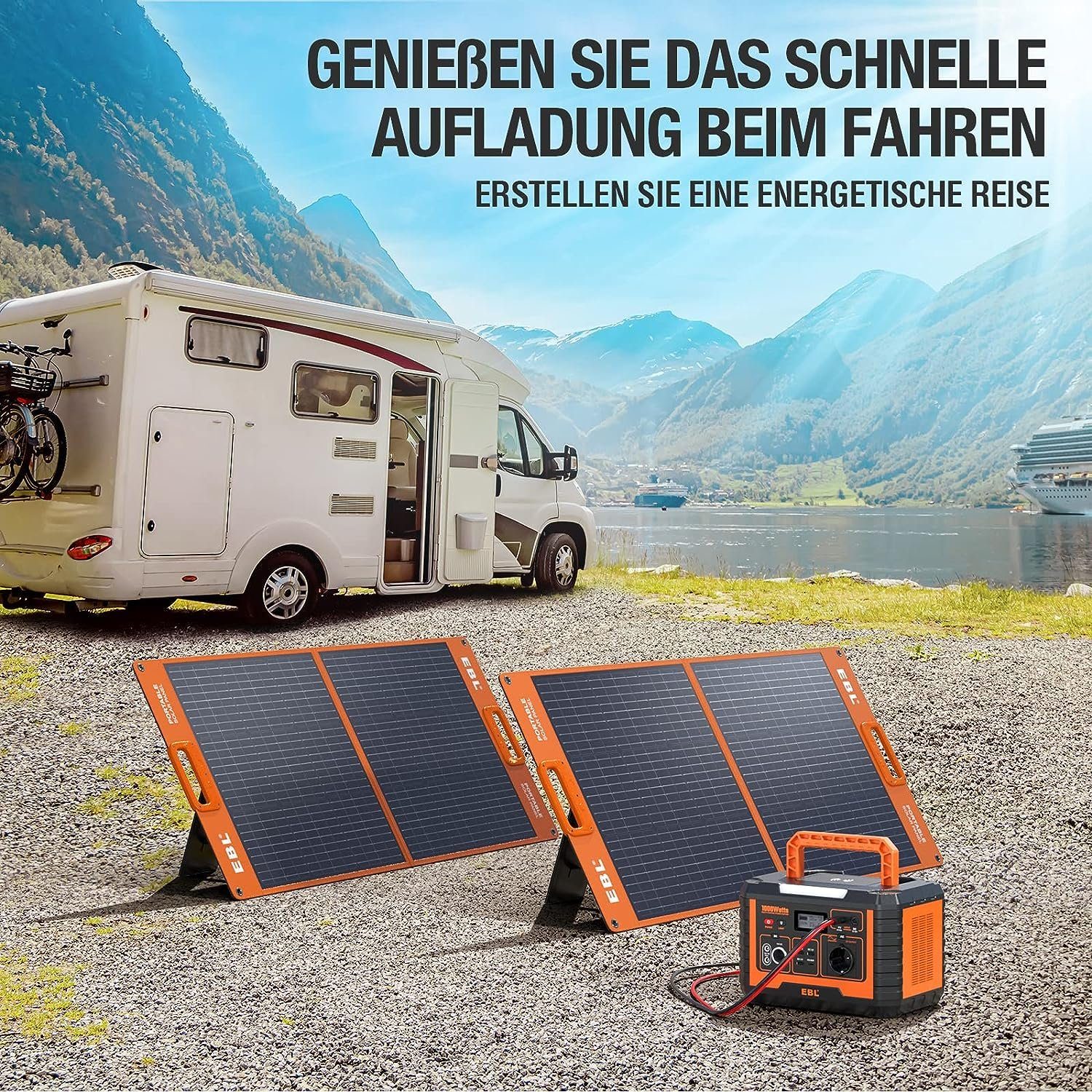 EBL Stromerzeuger Solargenerator 1000W und 2x100W Solarpanel Tragbare Powerstation, 1,00 in kW, (1-tlg), für Outdoor-Camping, Notfall zu Hause, Wohnmobil