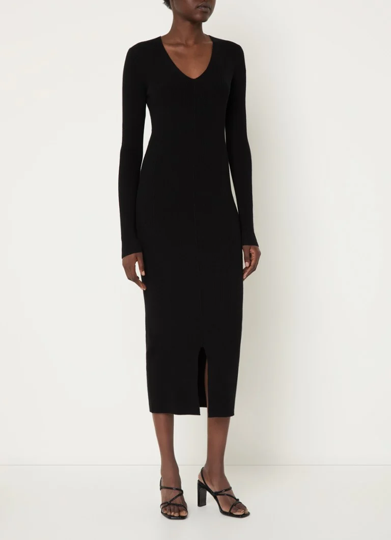 Abito midi a coste in maglia di Calvin Klein, misto lana, scollo a V