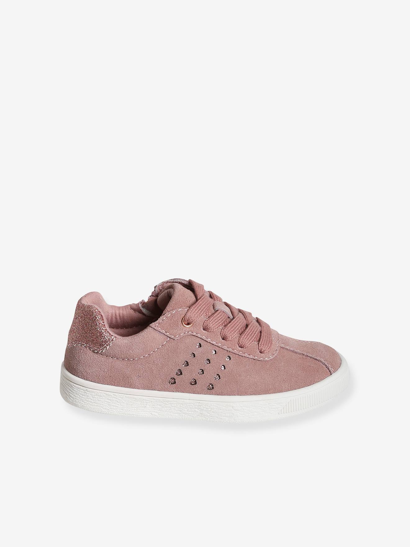 Baskets cuir fille lacées et zippées détails paillettes rose