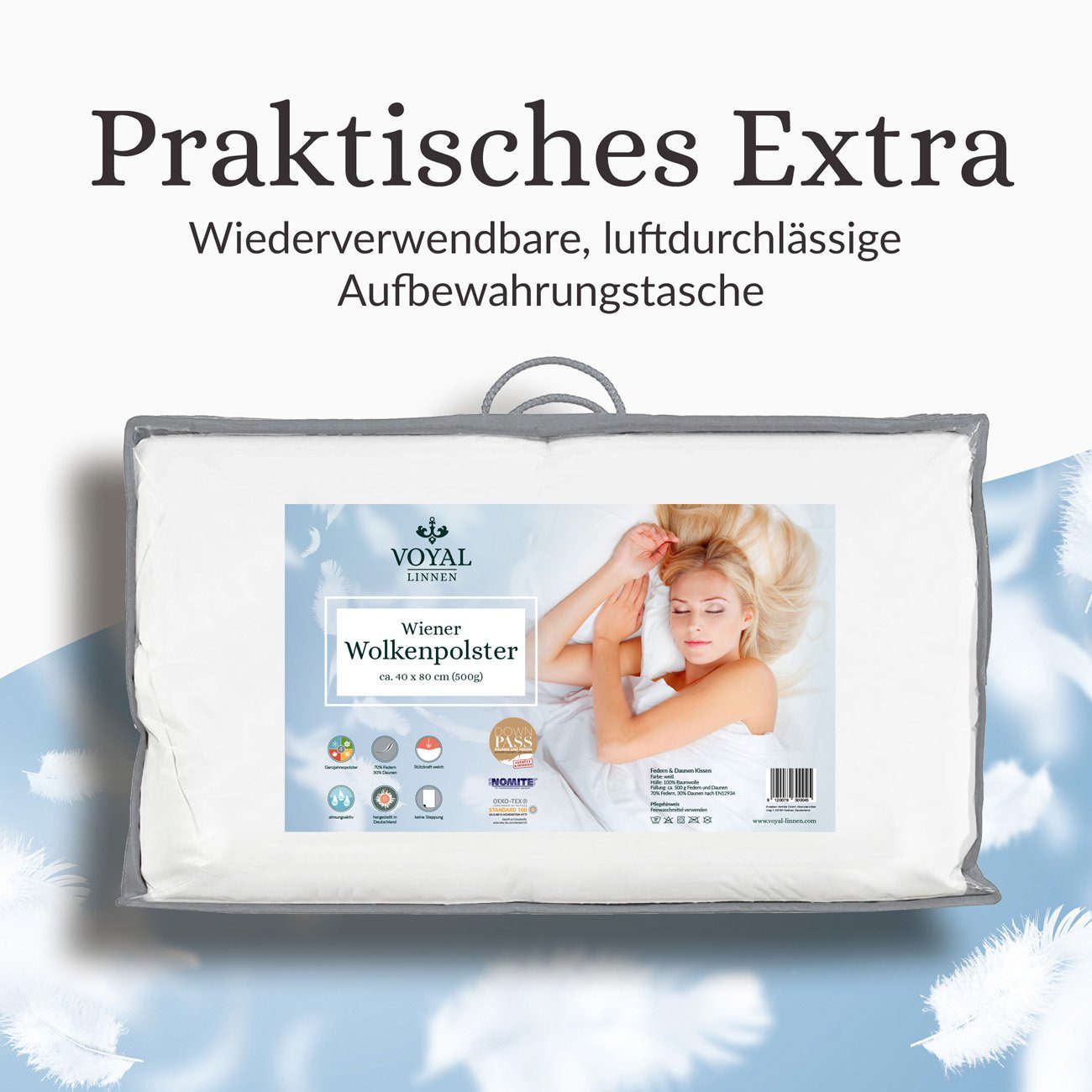 Daunenkissen Wiener Wolkenpolster 40x80 cm in zwei Füllstärken, VOYAL LINNEN, Füllung: 70% Federn / 30% Daunen, kuschliges Kissen in Deutschland hergestellt, allergikerfreundlich