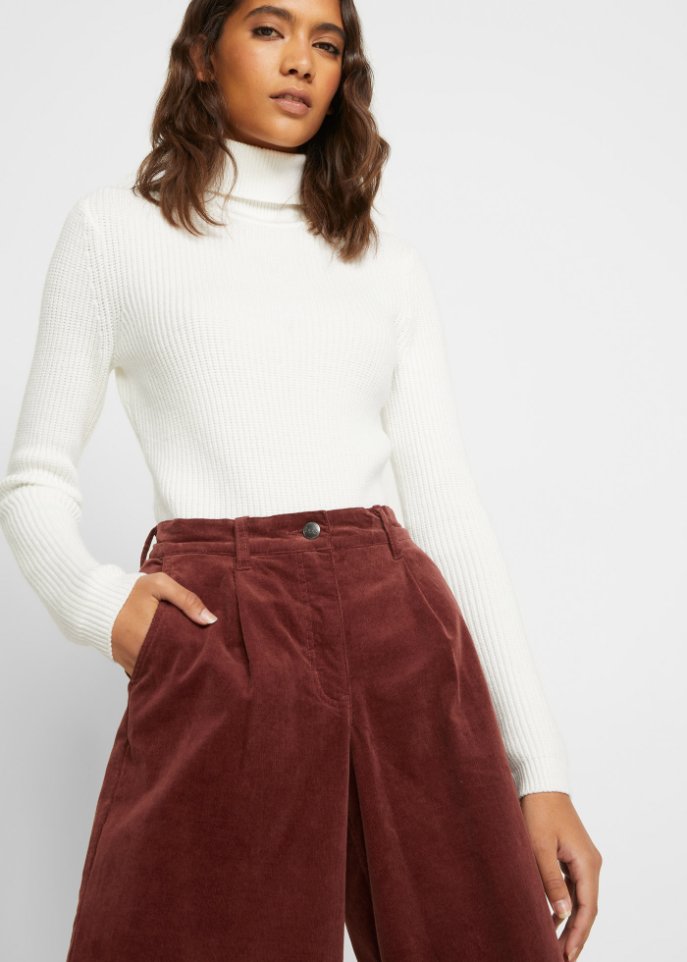 Weite Stretchcord-Culotte mit High-Waist-Bequembund, 7/8-Länge