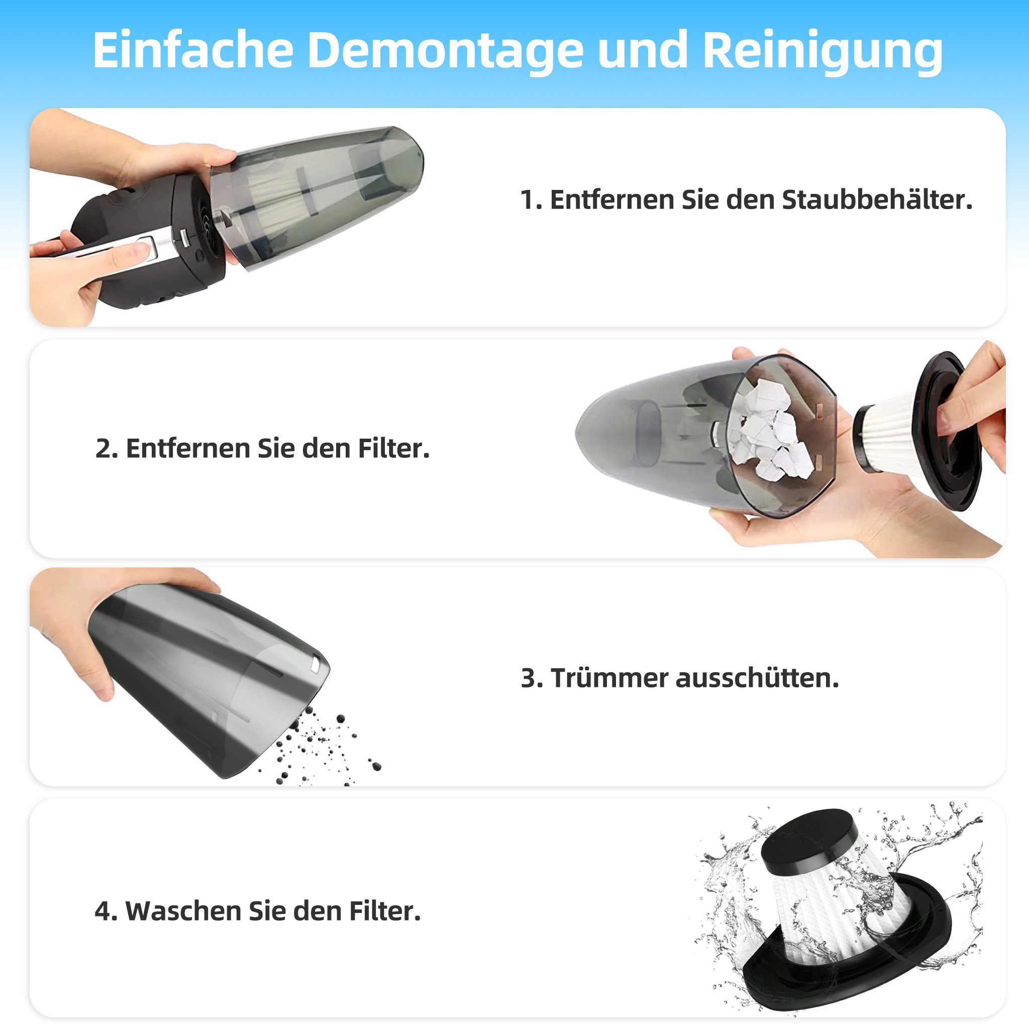CkeyiN Akku-Handstaubsauger für Haus/Auto Kabellos Nass-Trocken-Nutzung Staubsauger, 120,00 W, mit Beutel, 20 Min. Laufzeit