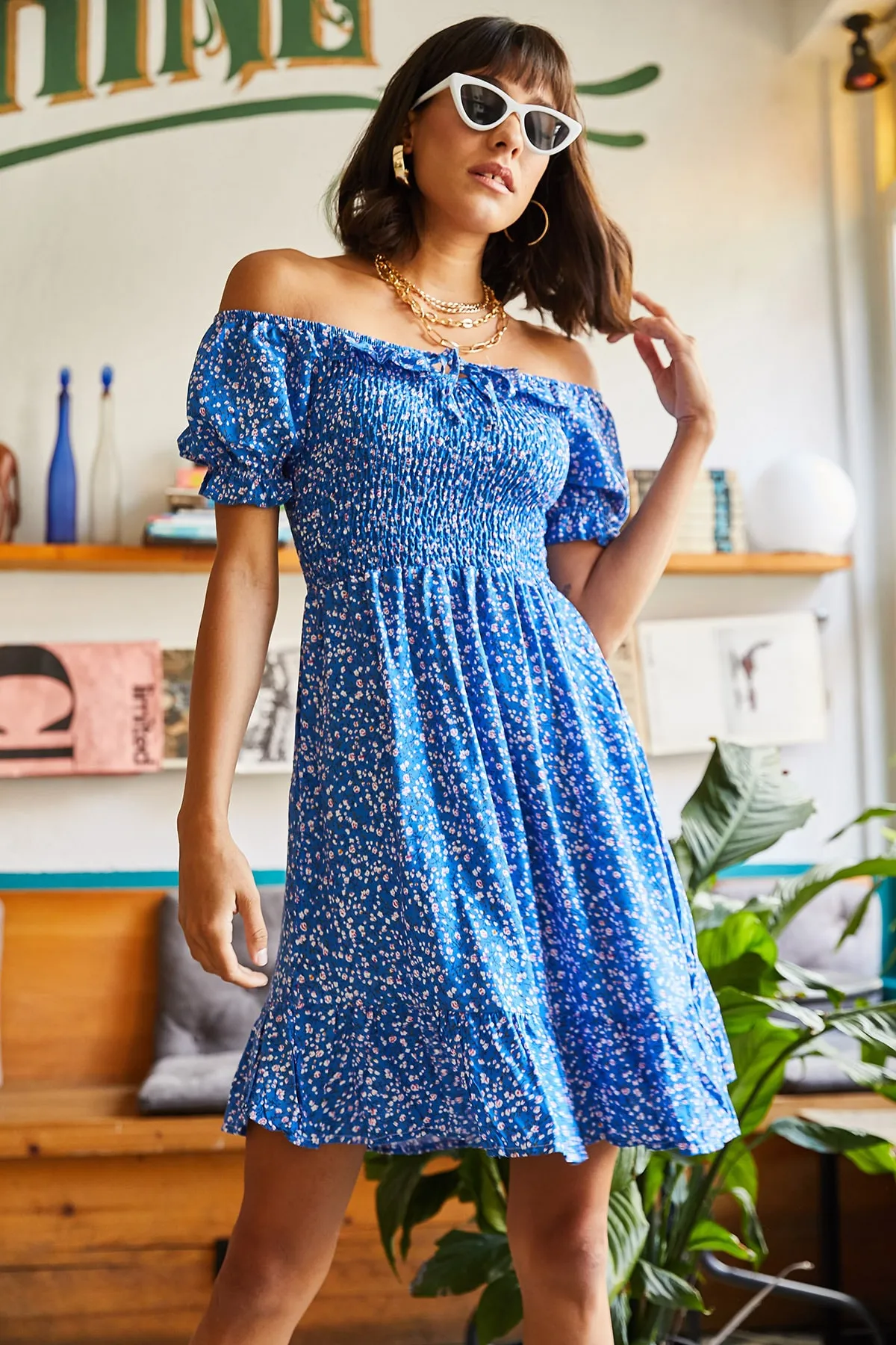 Olalook  Saks Blue Gimped Collar Tie-up Flared Dress für Damen ELB-19001190