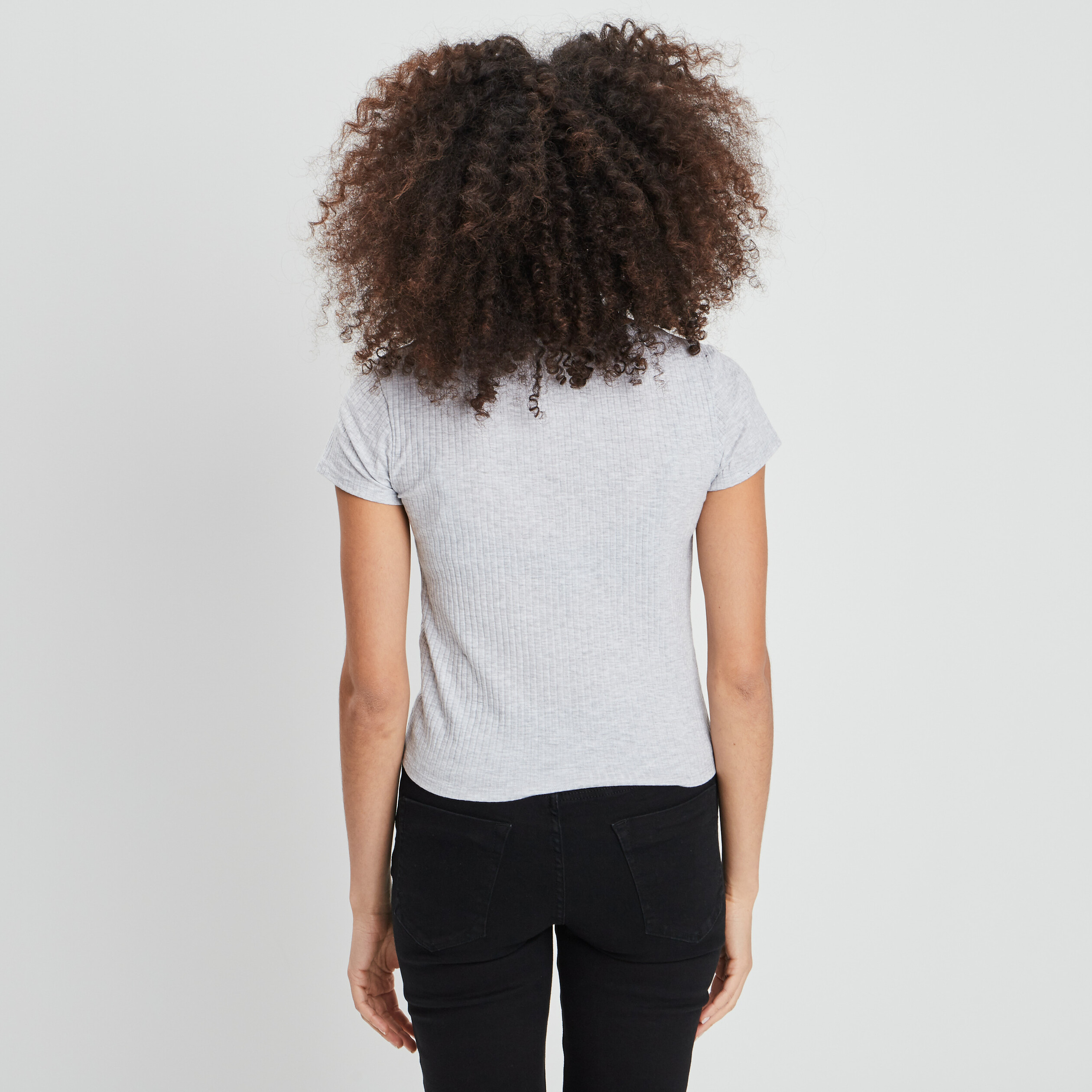 T-shirt manches courtes côtelé gris clair femme | La Halle