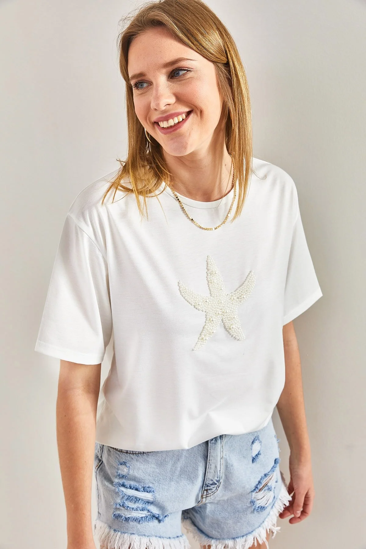 Bianco Lucci  Damen-T-Shirt aus gekämmter Baumwolle mit Stern-Perlenstein-Stickerei